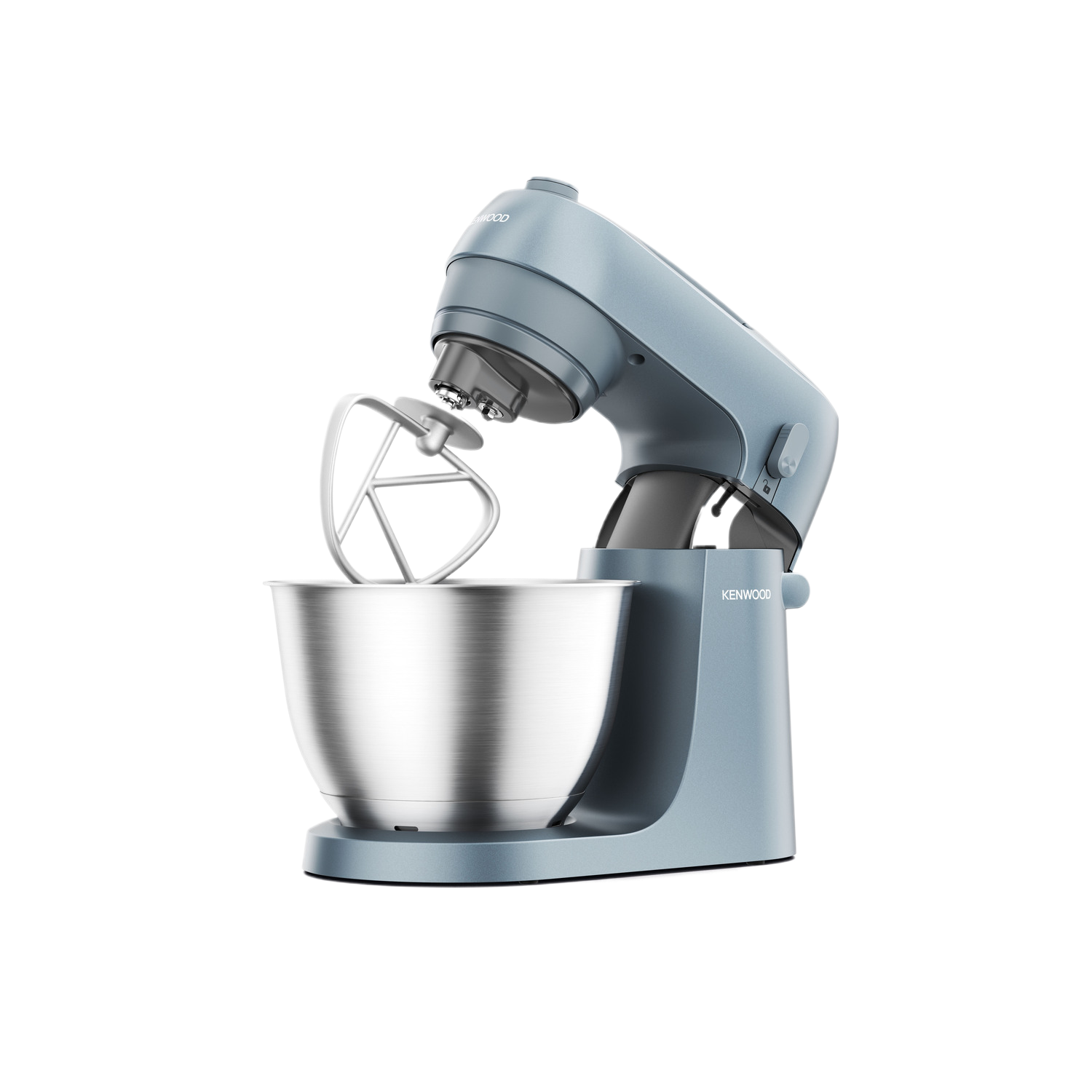 A blue stand mixer with a bowl, showing its components and details.