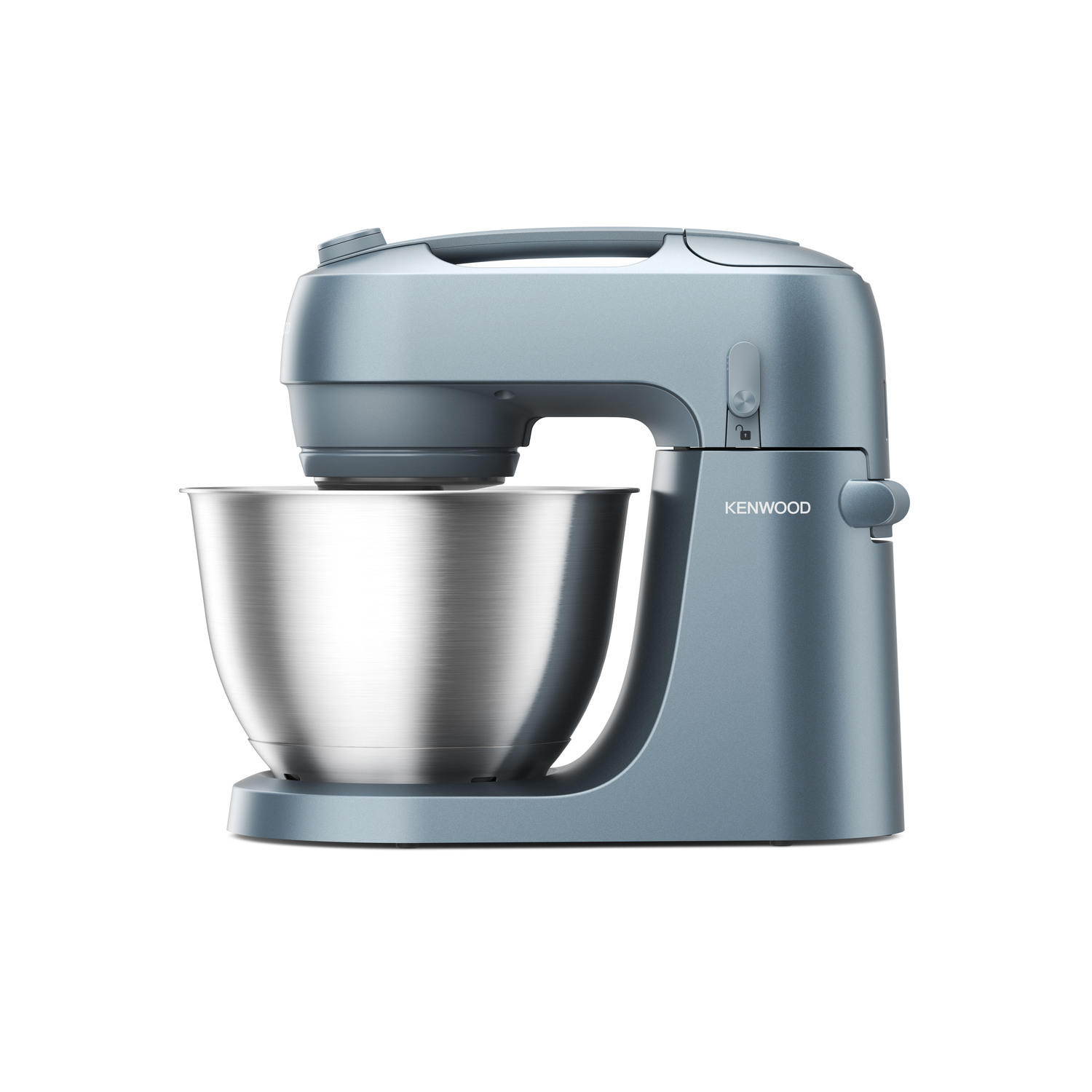 Blue Kenwood stand mixer with a stainless steel bowl.