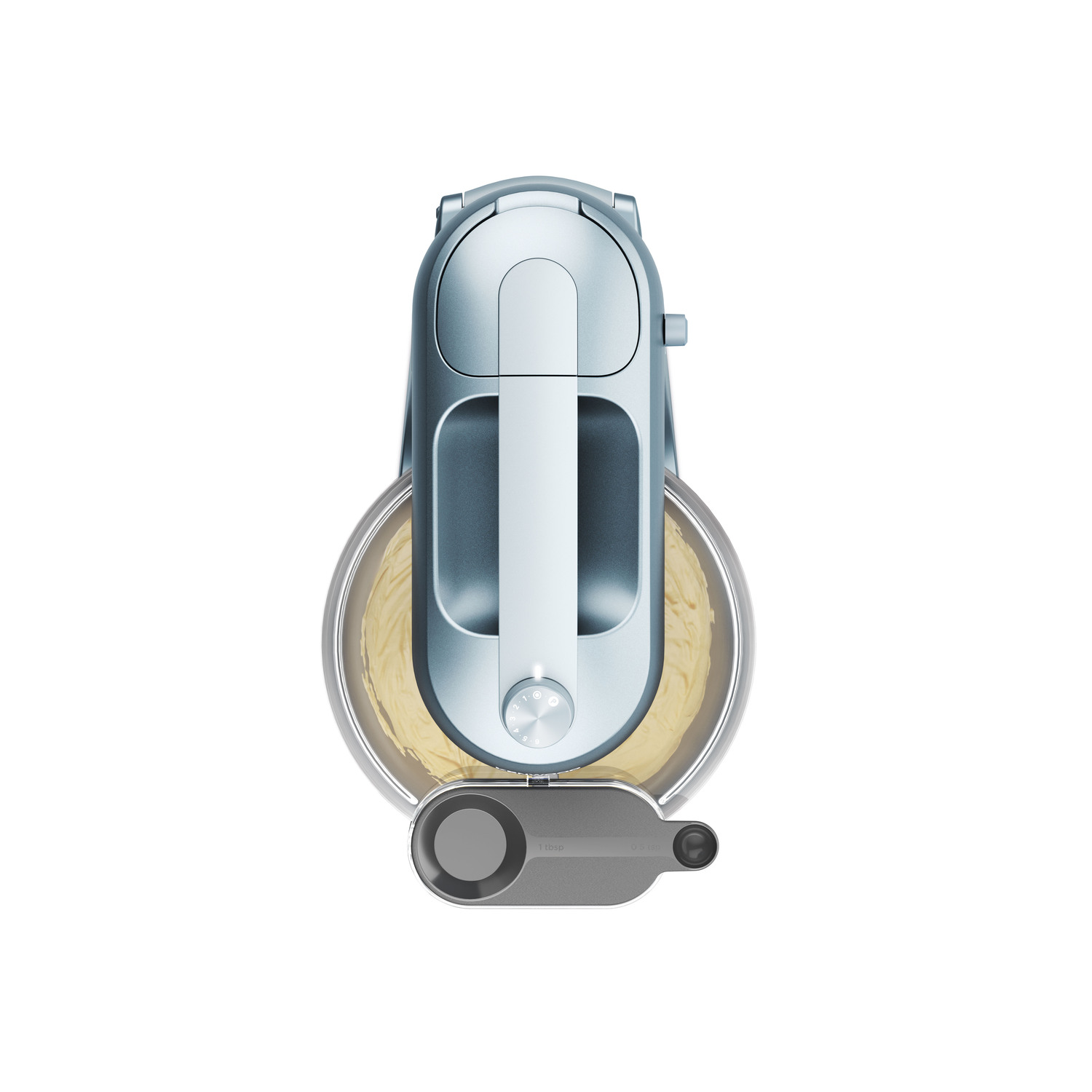 Overhead view of a kitchen appliance with a light blue body and a bowl filled with dough.