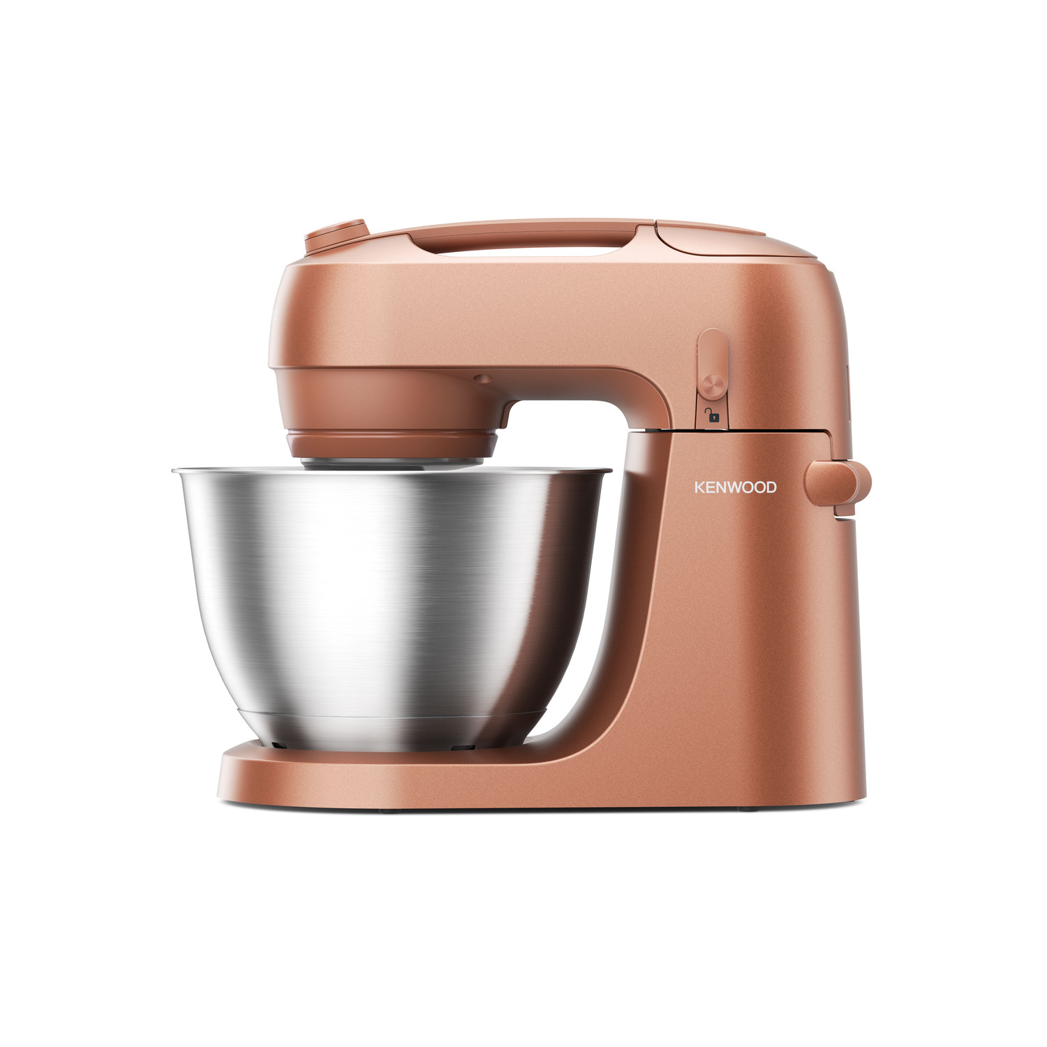 Rose gold stand mixer with a stainless steel bowl, on a white background.