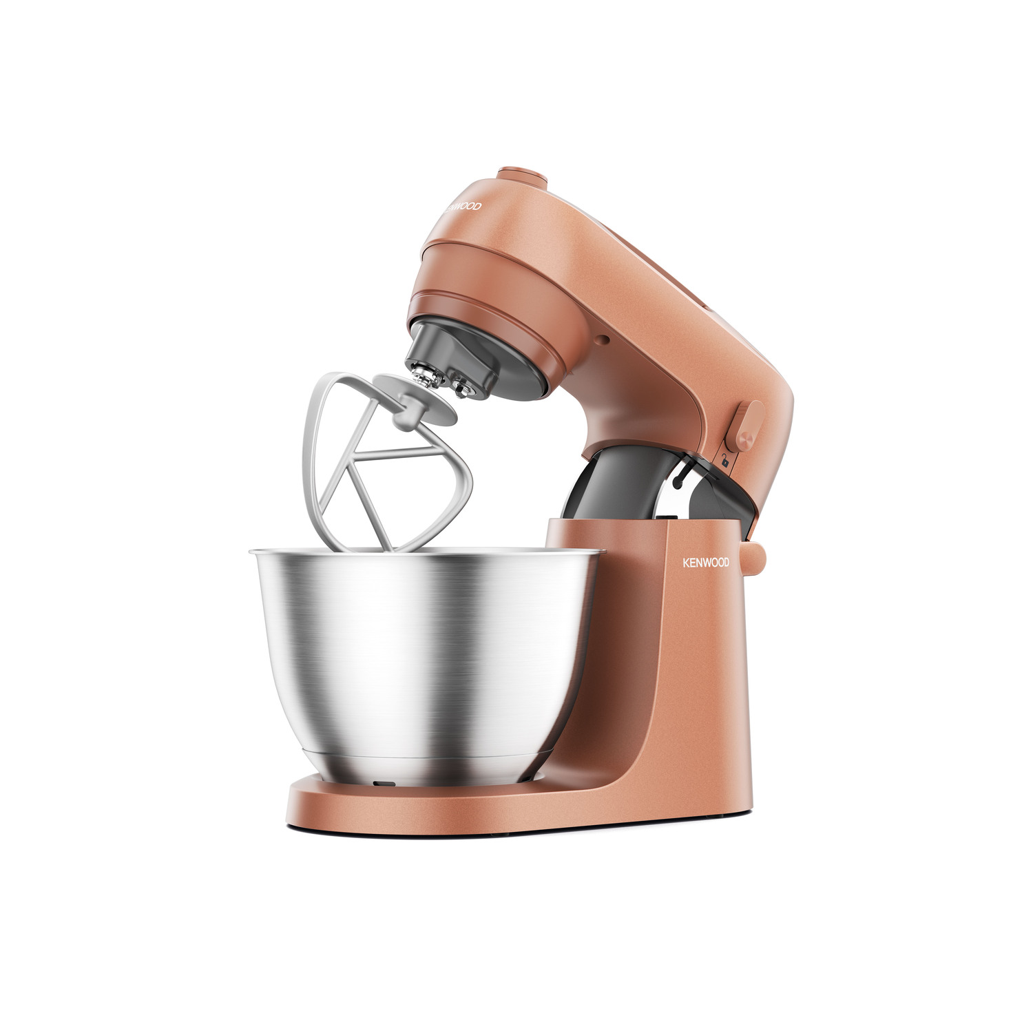 A copper-colored kitchen stand mixer with a metal bowl.