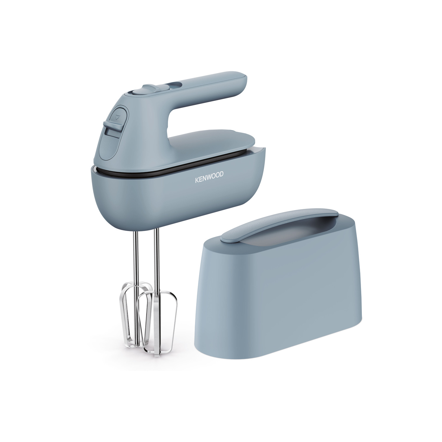 Een blauwe KENWOOD handmixer met een aparte container.