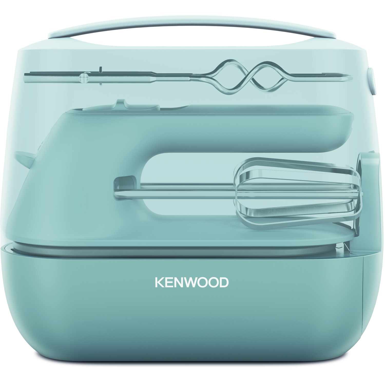 Een lichtblauwe Kenwood handmixer in een transparante behuizing met de kloppers en garde zichtbaar.
