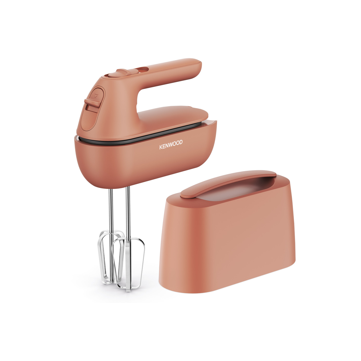 Pink Kenwood hand mixer and its container. White background, product shot. Kenwood brand.