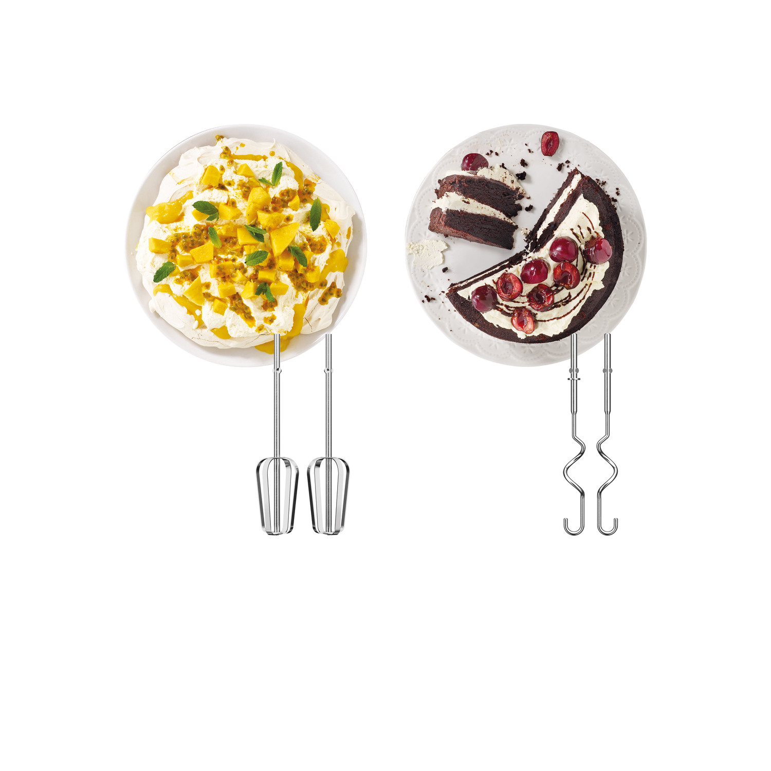 Two plates with desserts. One with mango and cream, the other with cake and cherries.