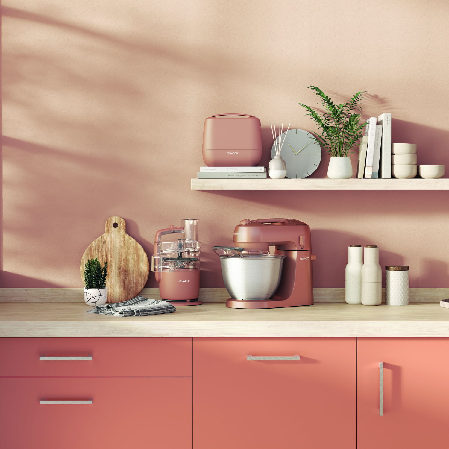 Kitchen with appliances. A mixer, food processor, and other items are on a wooden counter.