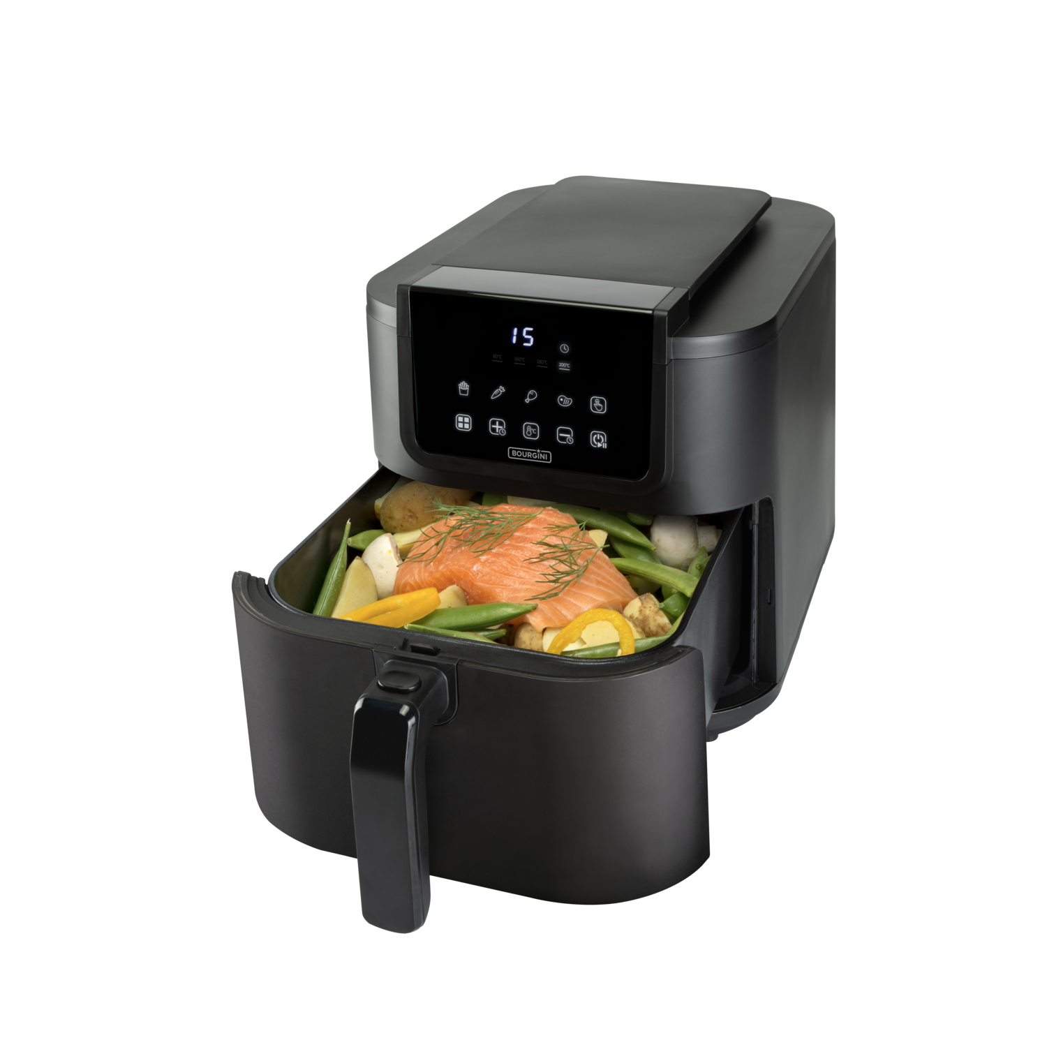 Black air fryer with food inside. The air fryer is on a black background.