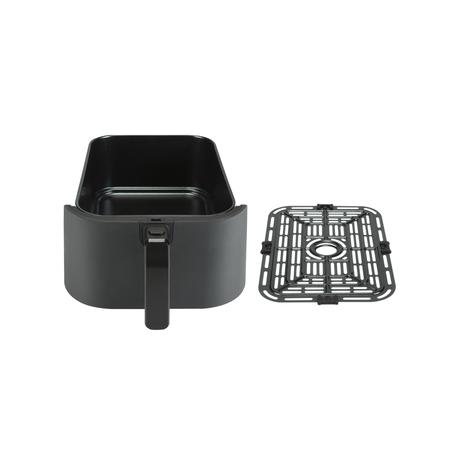 Black air fryer with basket and grill plate on black background.