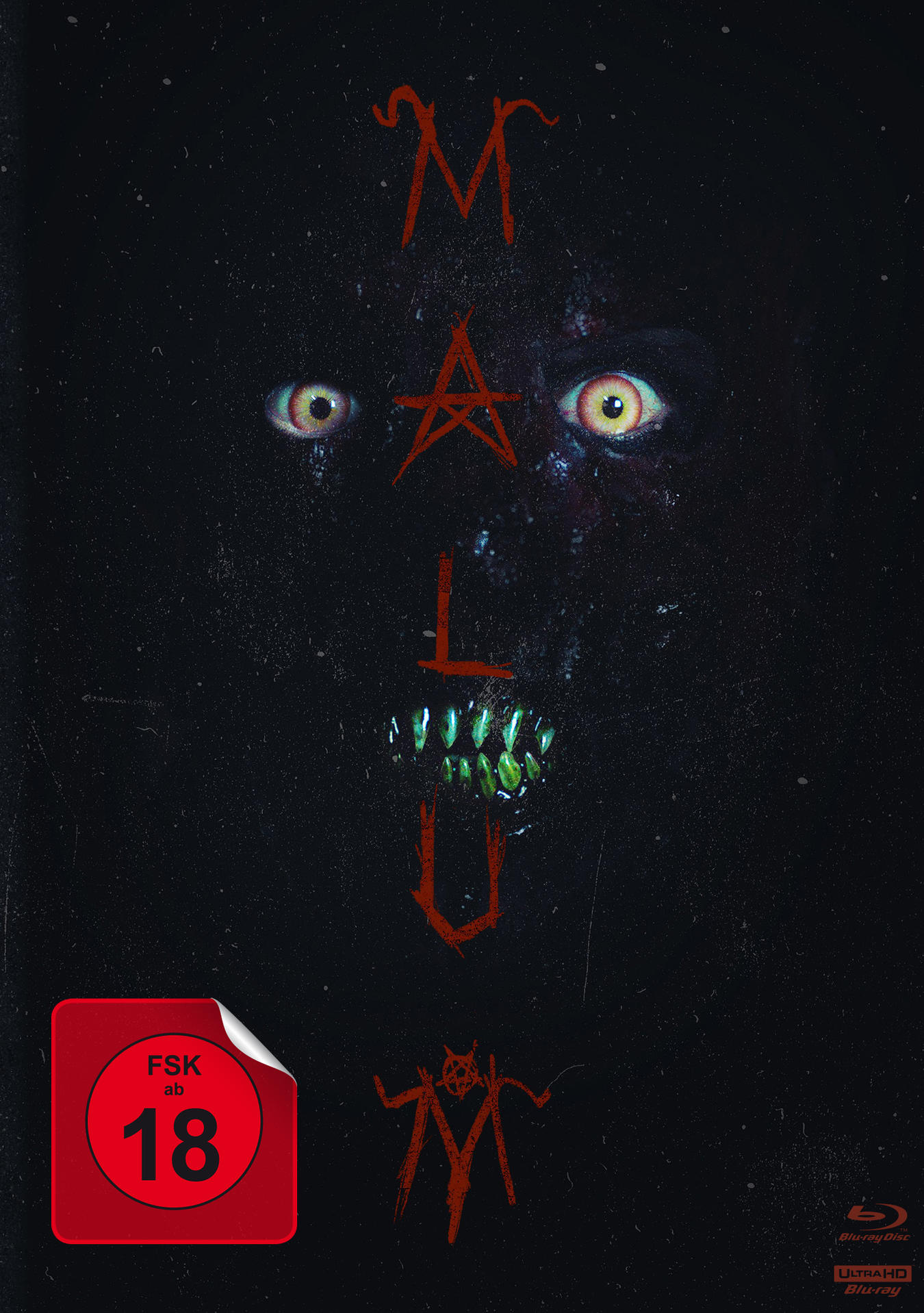 Filmposter für MALUM. Zeigt ein Gesicht mit sichtbaren Augen und Zähnen.