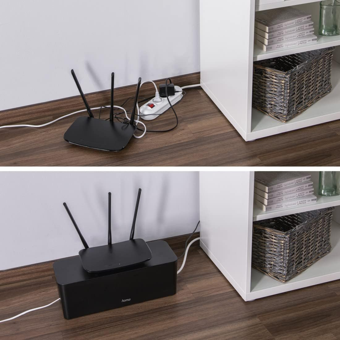 Un router negro y cables están encima y dentro de una caja de cables negra junto a un armario blanco.