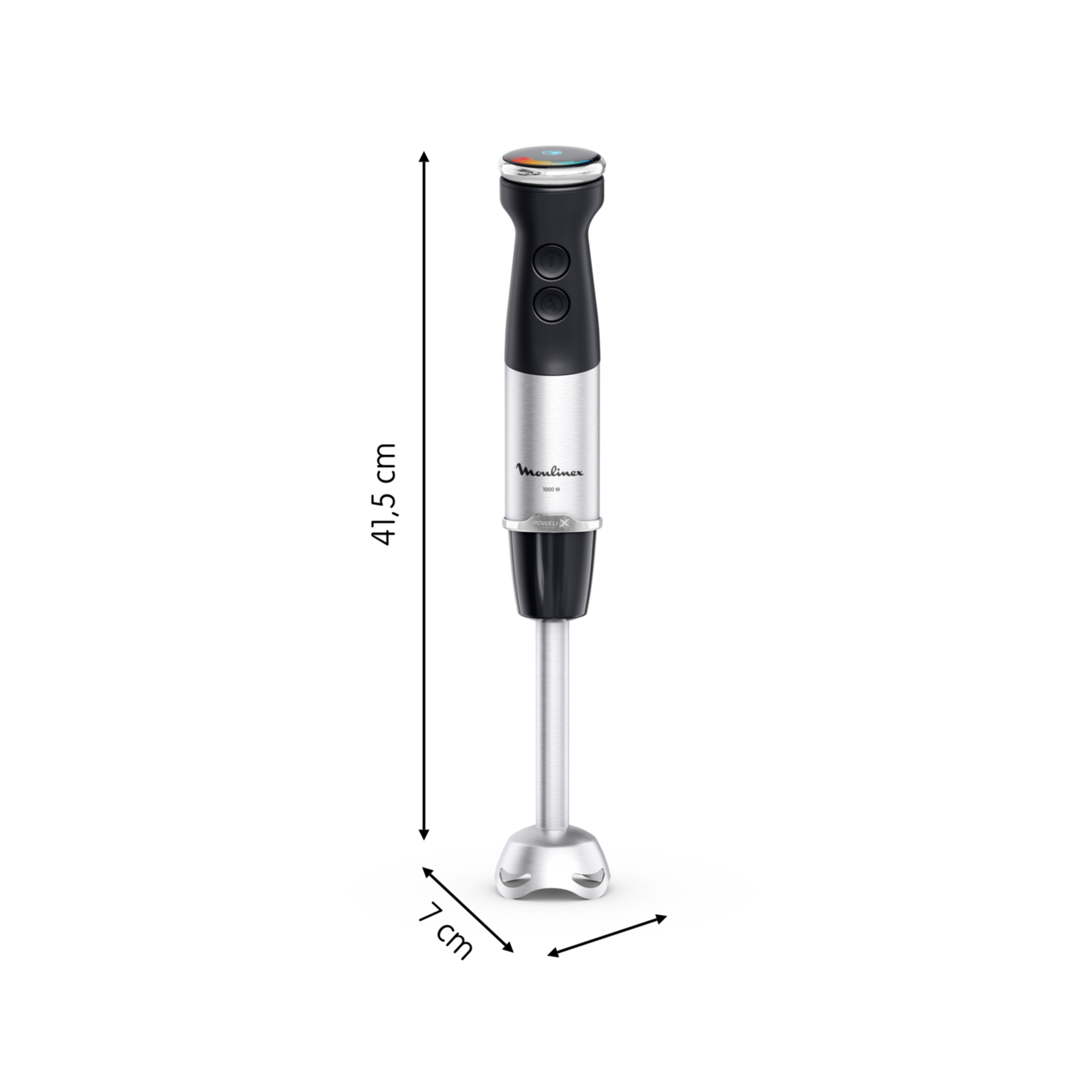 Una batidora de inmersión plateada y negra con medidas: 41,5 cm de altura, 7 cm de ancho. La marca es Moulinex.