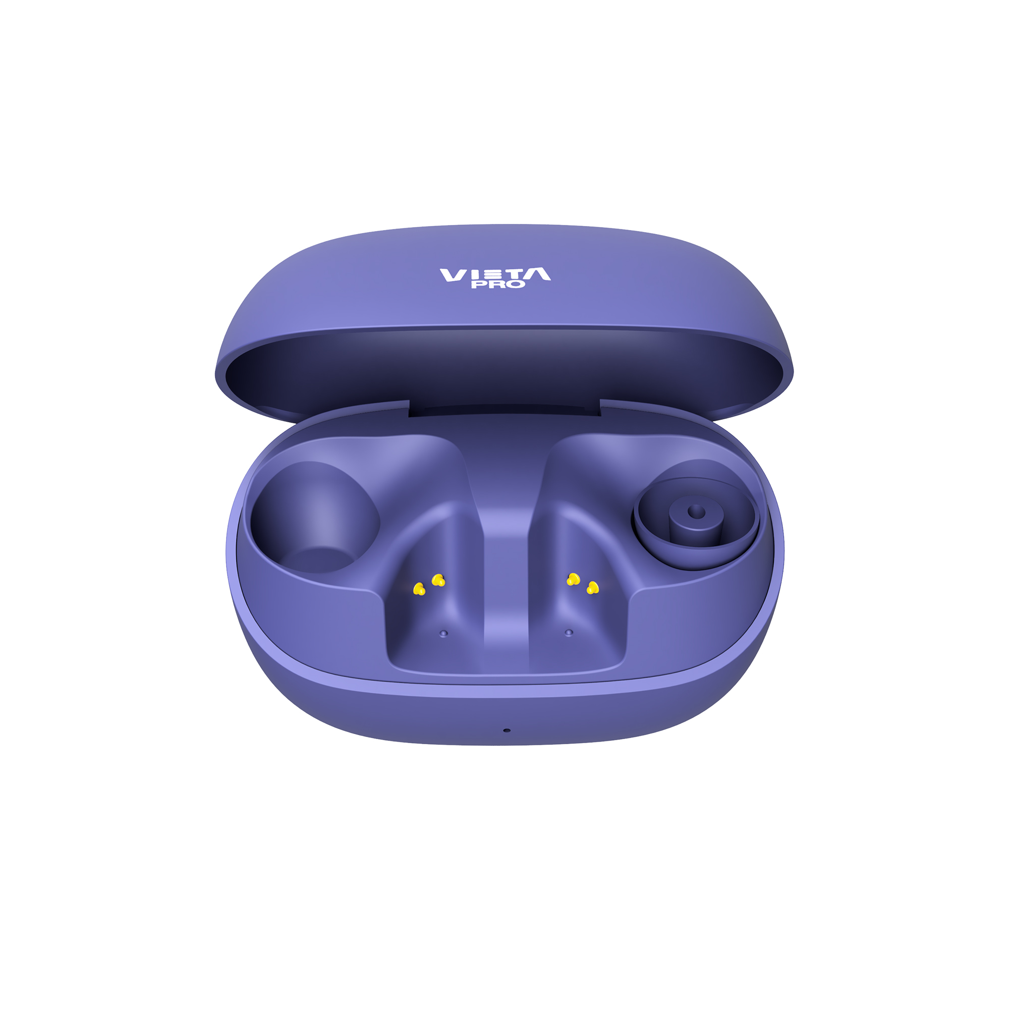 Estuche de auriculares púrpura abierto con auriculares dentro.