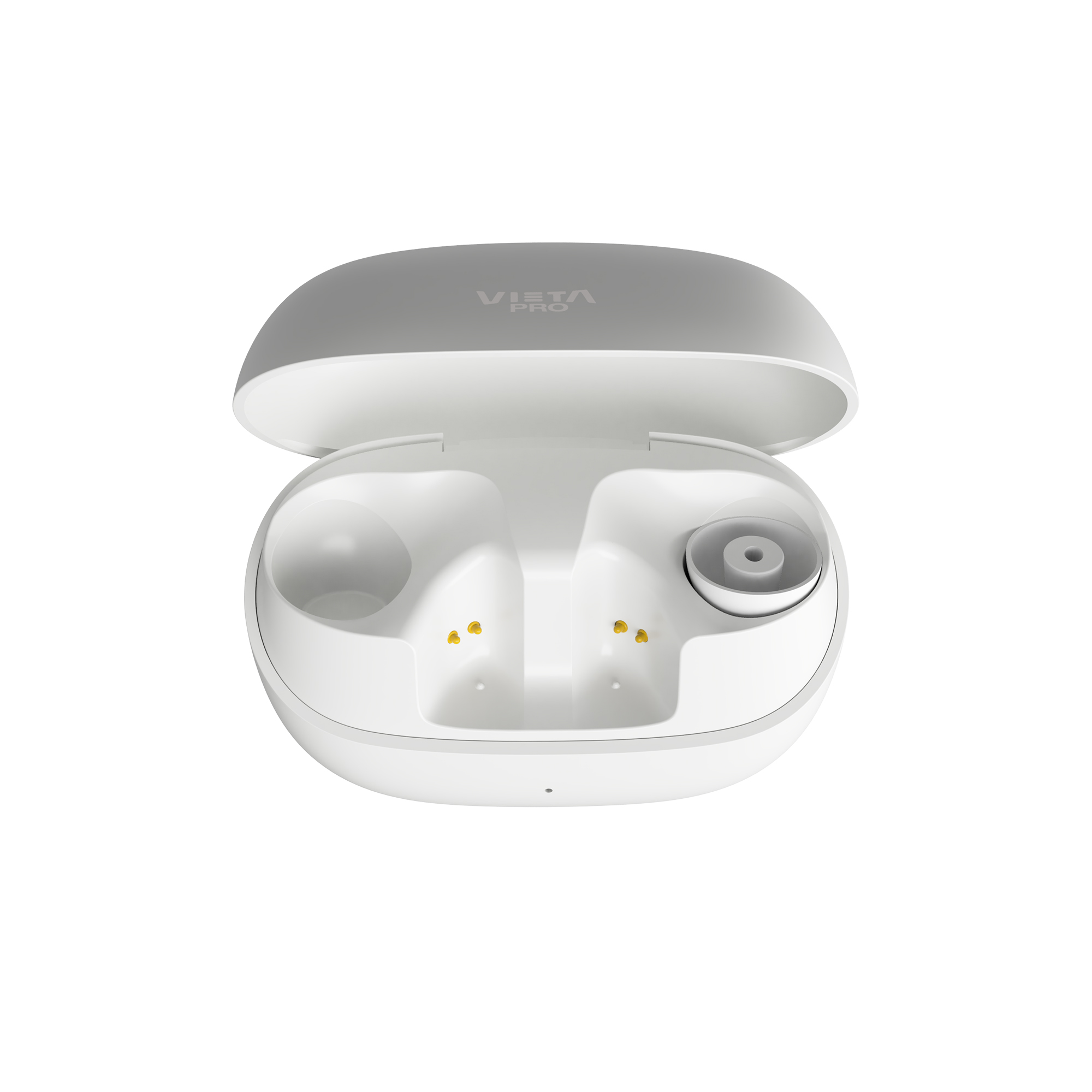 Funda de carga blanca para auriculares, abierta, con dos ranuras para auriculares y un puerto.