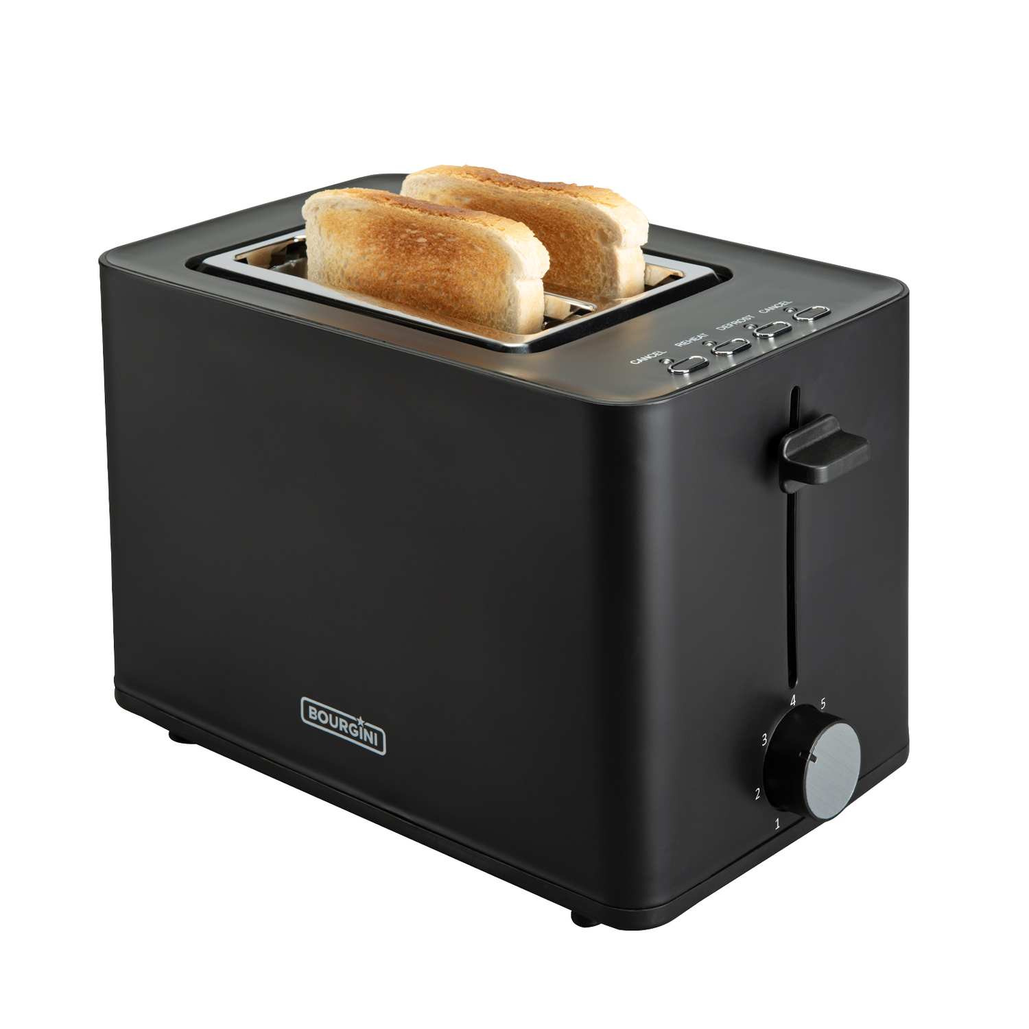 Zwarte broodrooster met twee sneetjes geroosterd brood. Bedieningselementen bovenop. Witte achtergrond.
