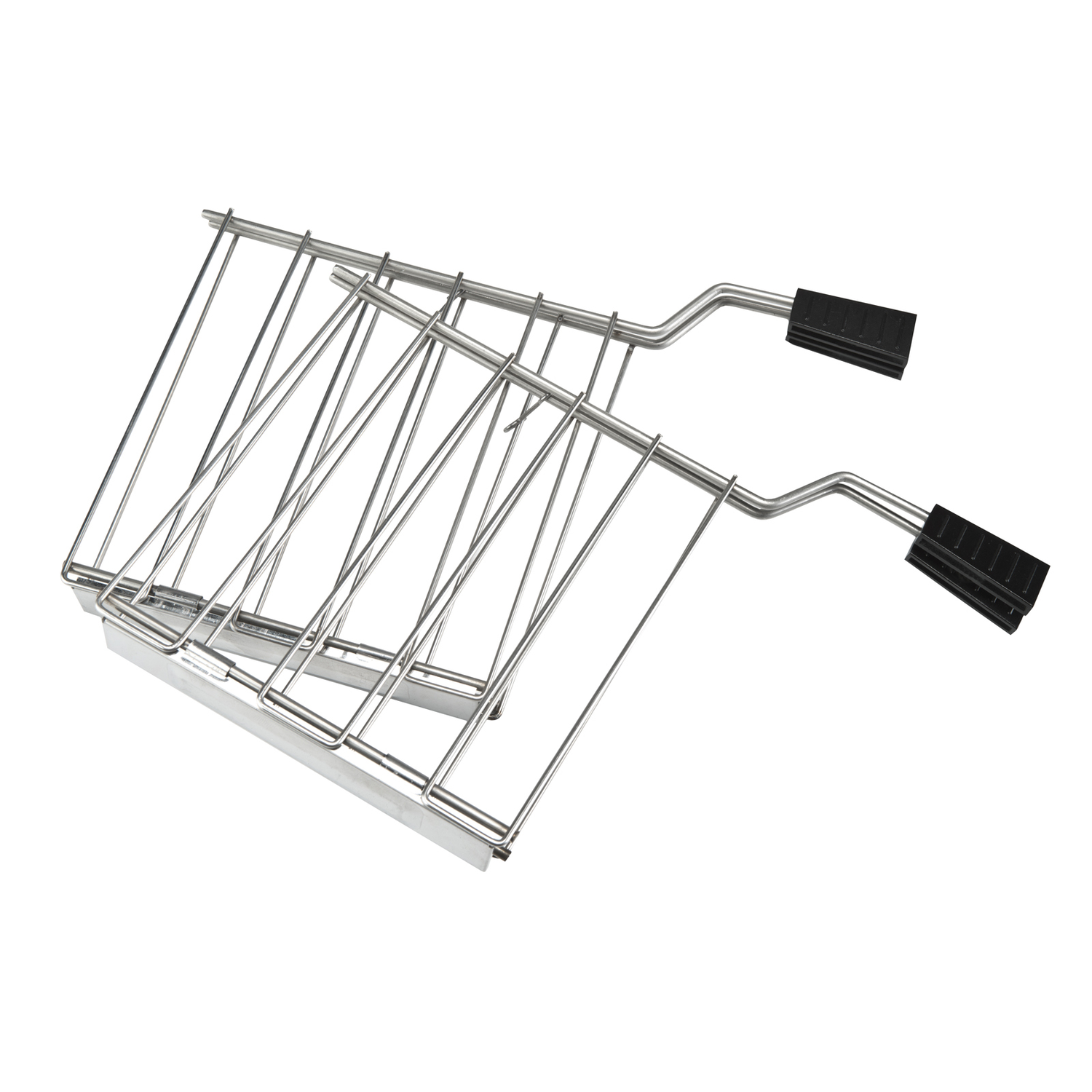 Zilveren grillrooster met zwarte handvatten op een witte achtergrond.