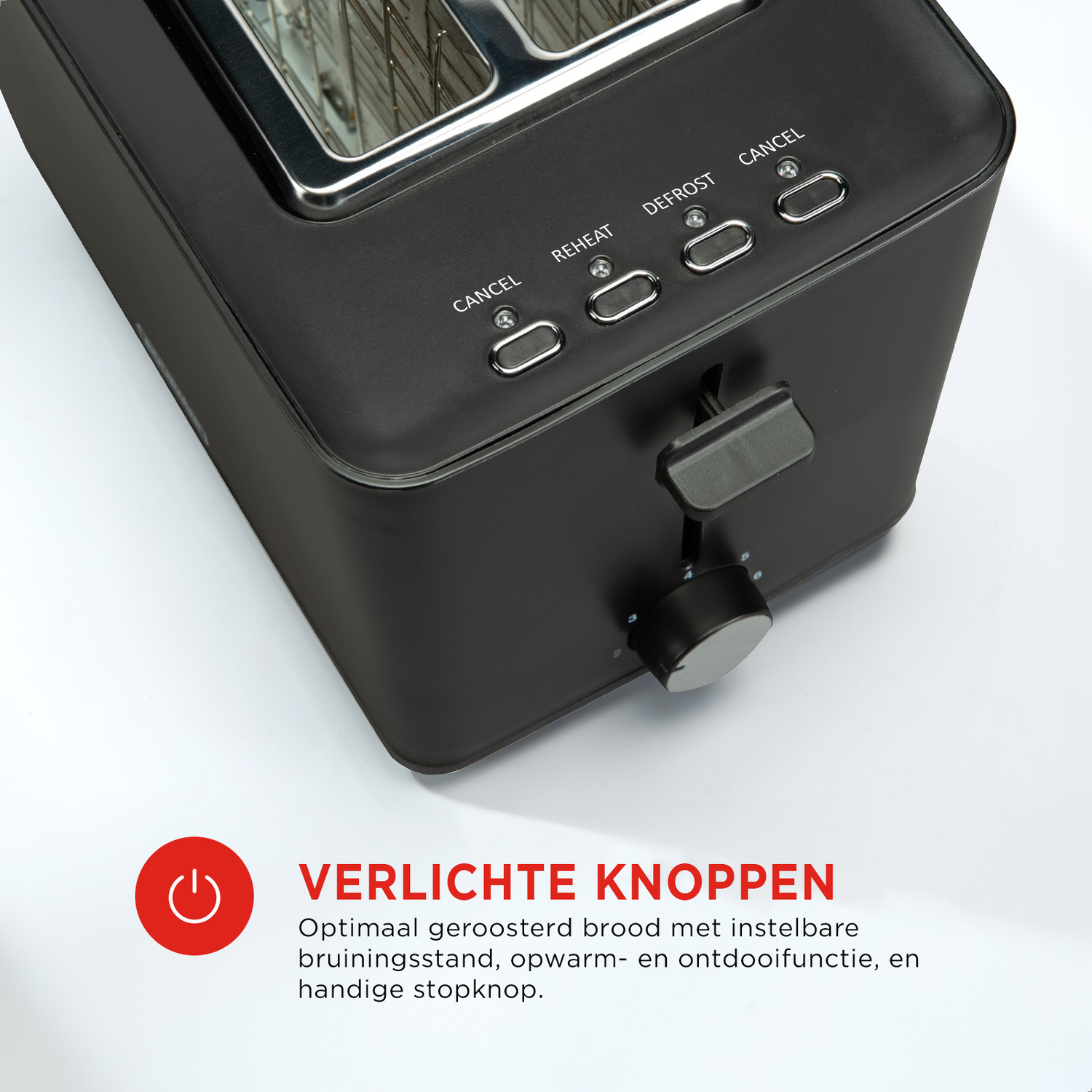 Zwarte broodrooster met verlichte knoppen. De knoppen zijn 'annuleren', 'opwarmen', 'ontdooien'.