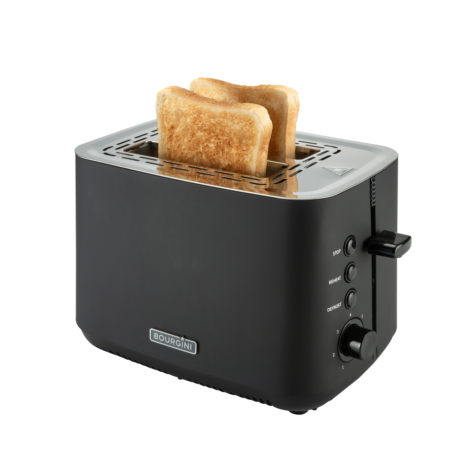Black toaster with two slices of toasted bread.