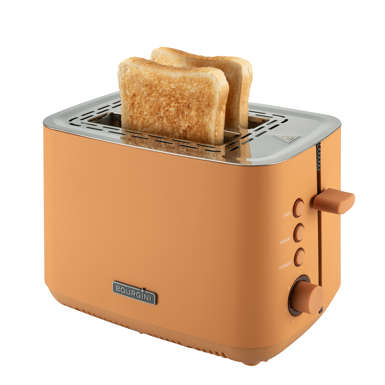 An orange toaster with two slices of toasted bread inside.