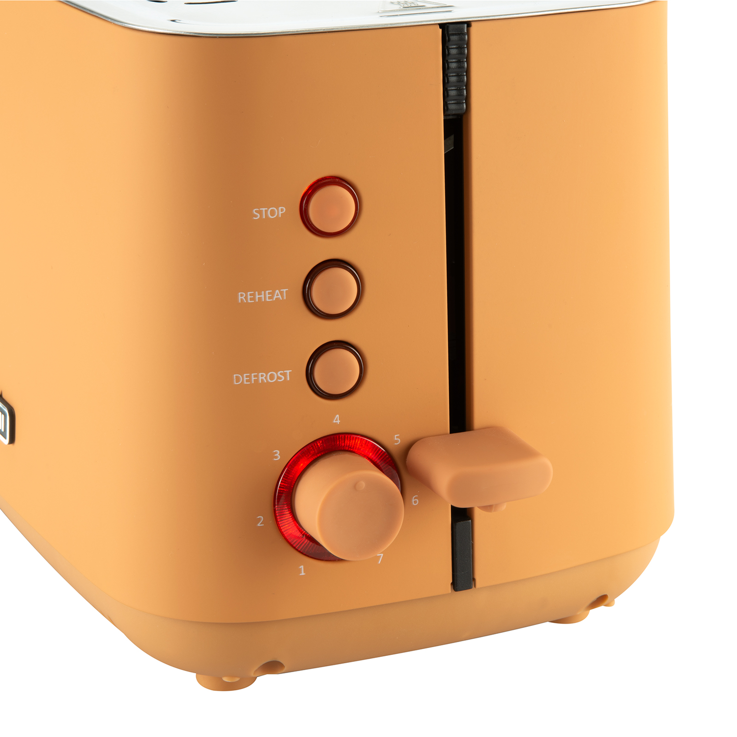 A beige toaster with stop, reheat, and defrost buttons.