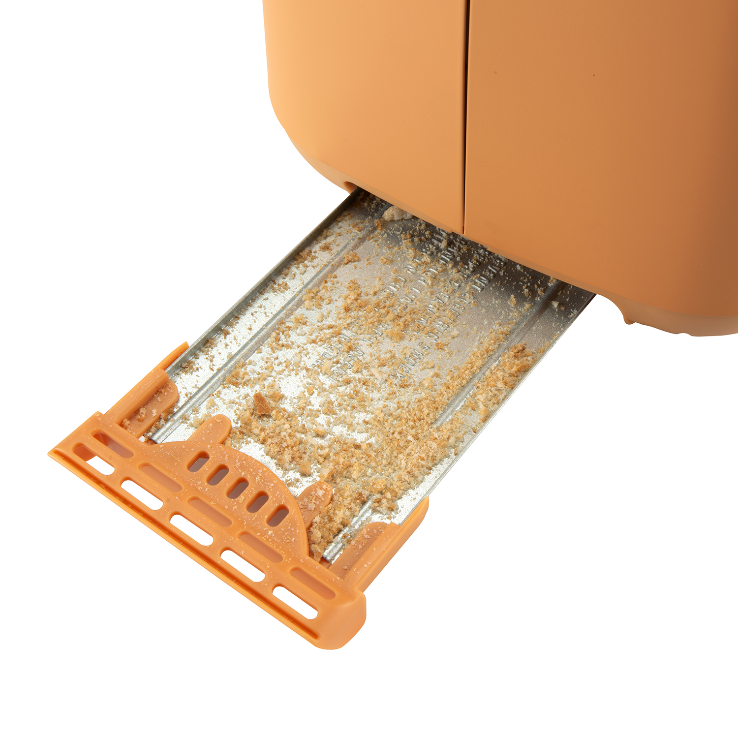 Close-up of an orange toaster with crumbs on the crumb tray.
