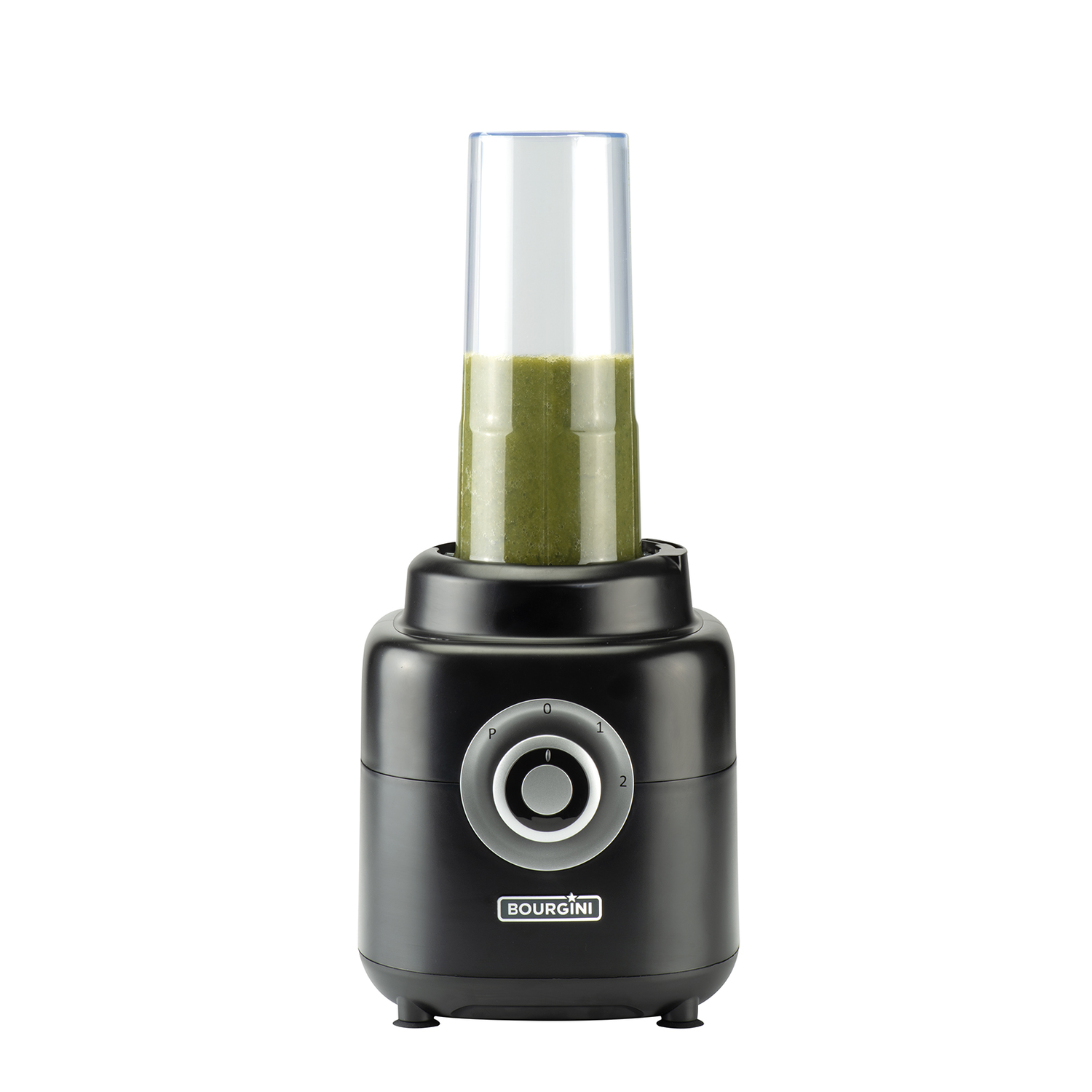 A black blender with a clear container filled with green smoothie, on a white background.
