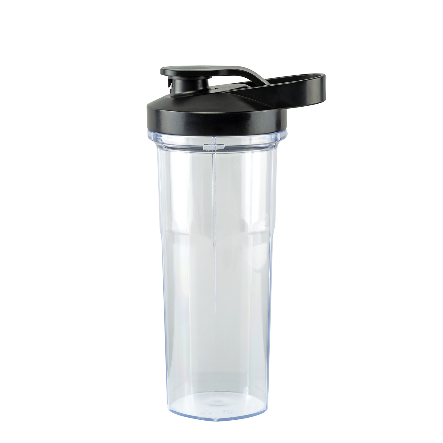 Clear shaker bottle with black lid, isolated.