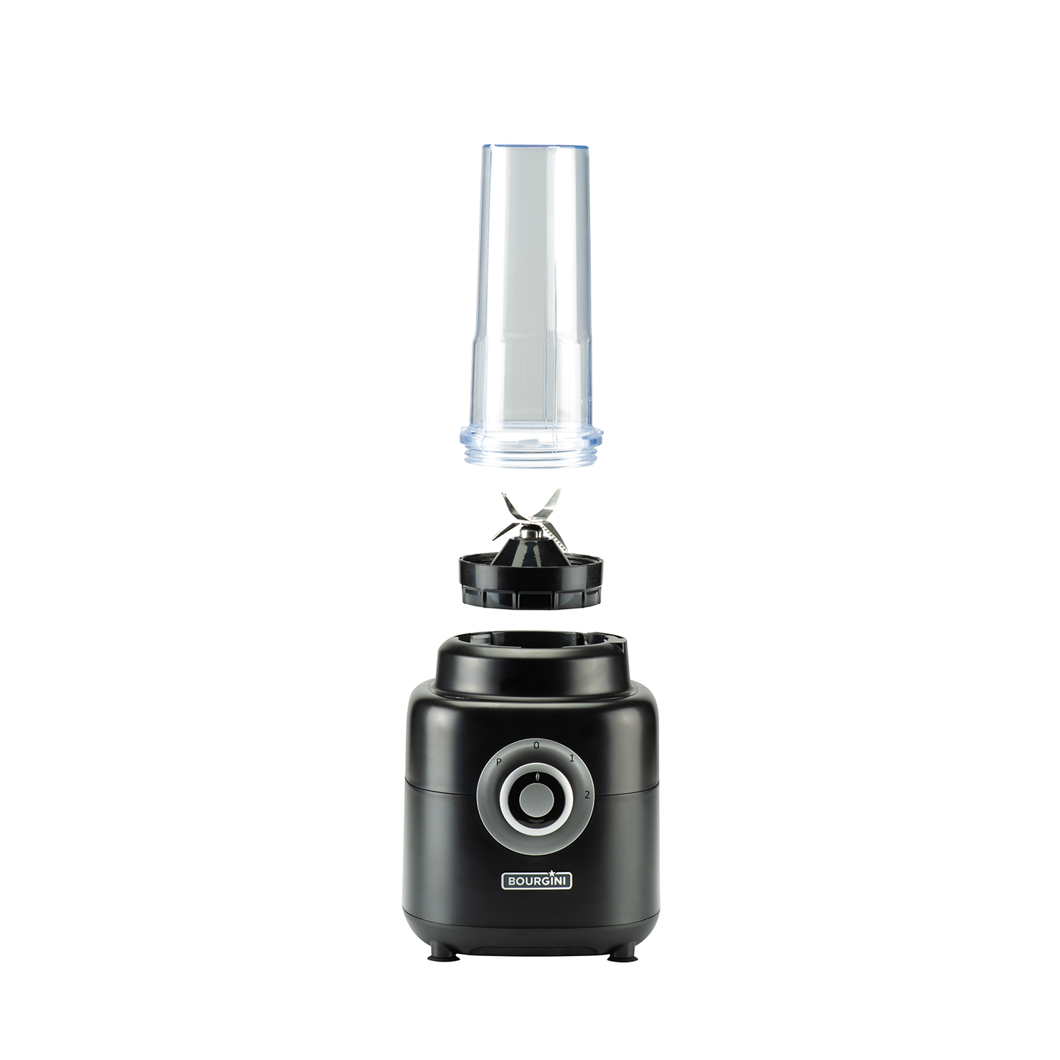 Black blender disassembled. Base, blade, and clear container in a white background.