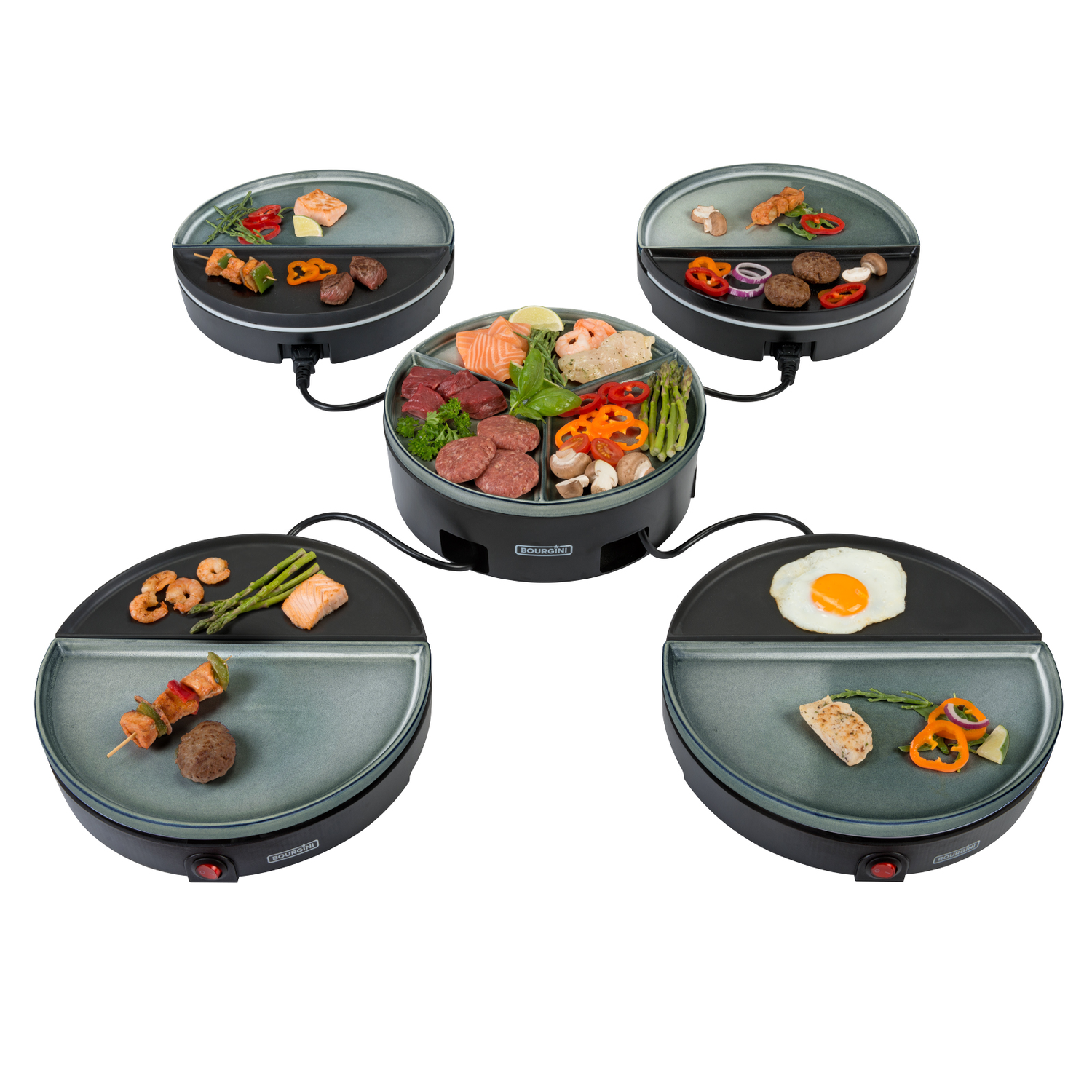 Raclette grill with four separate cooking surfaces. Various foods are arranged on each surface. White background.