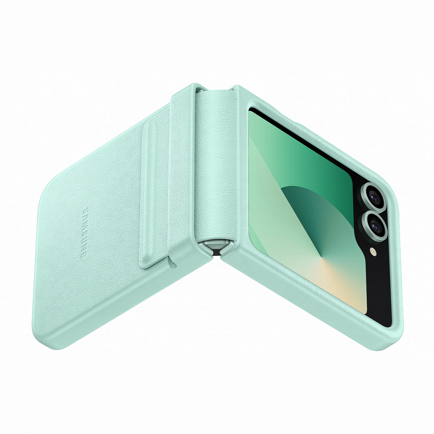 Una custodia per telefono verde chiaro è socchiusa. L'interno è visibile.