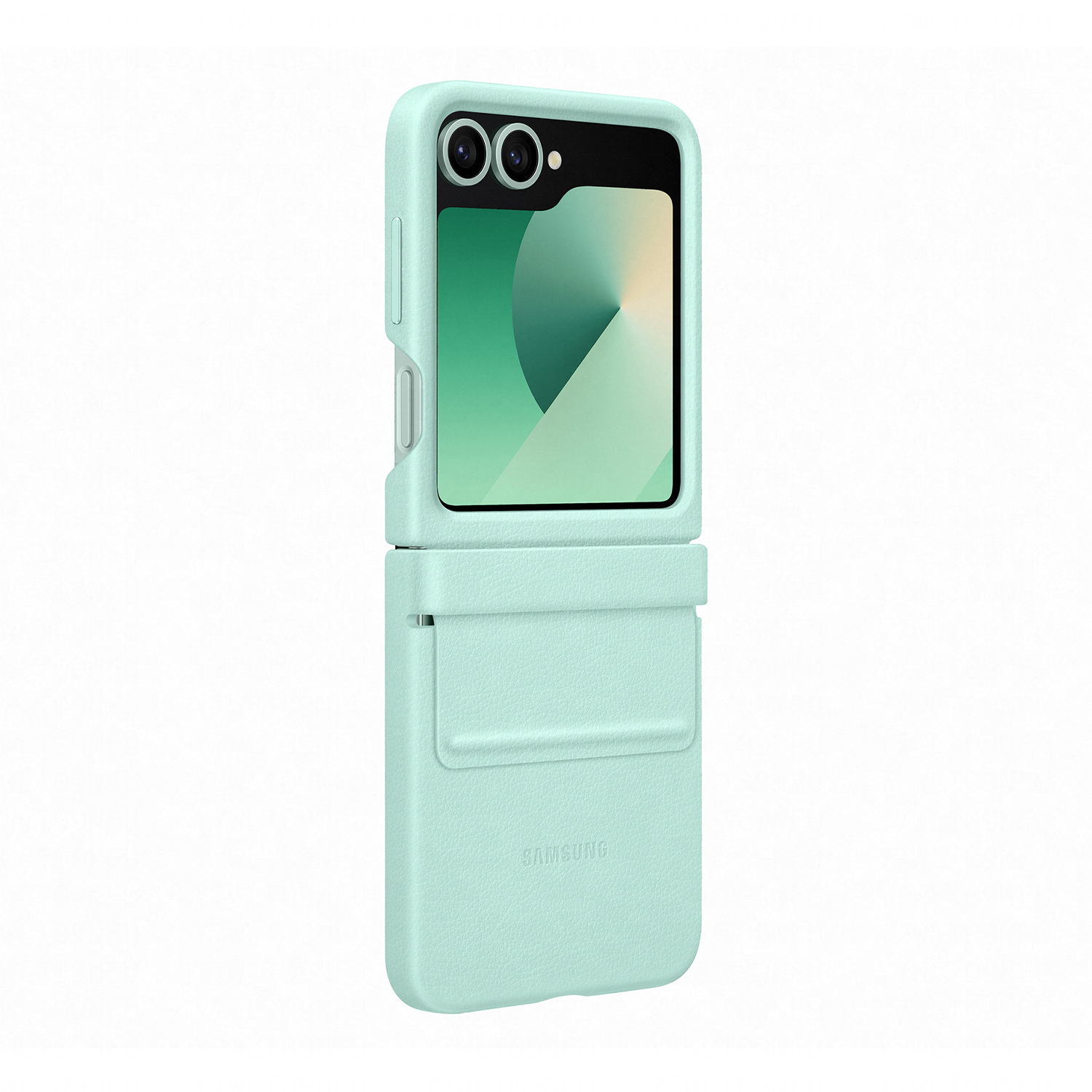 Custodia per telefono verde menta, aperta, con schermo chiaro.