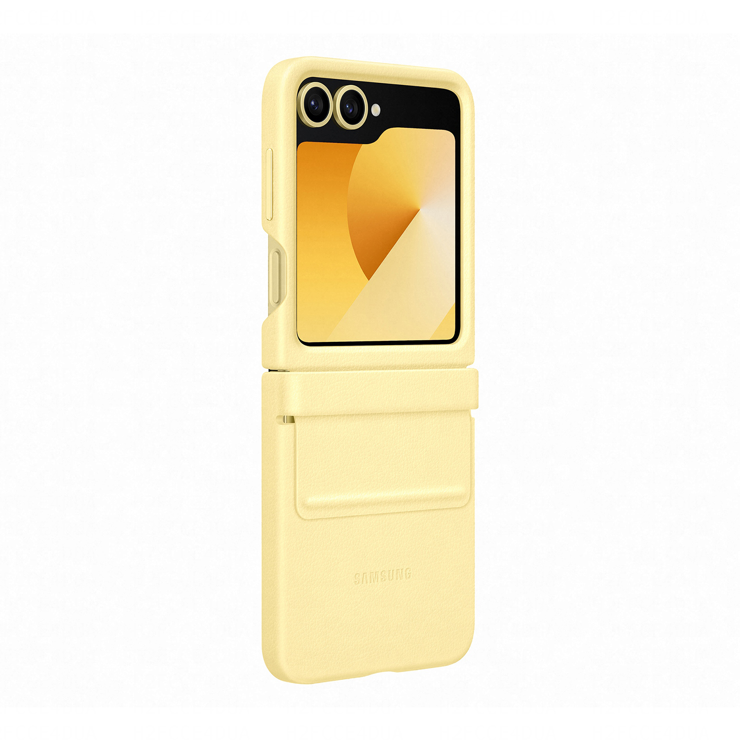 Una custodia gialla per un Samsung Galaxy Z Flip6. Il telefono è aperto, mostrando lo schermo.