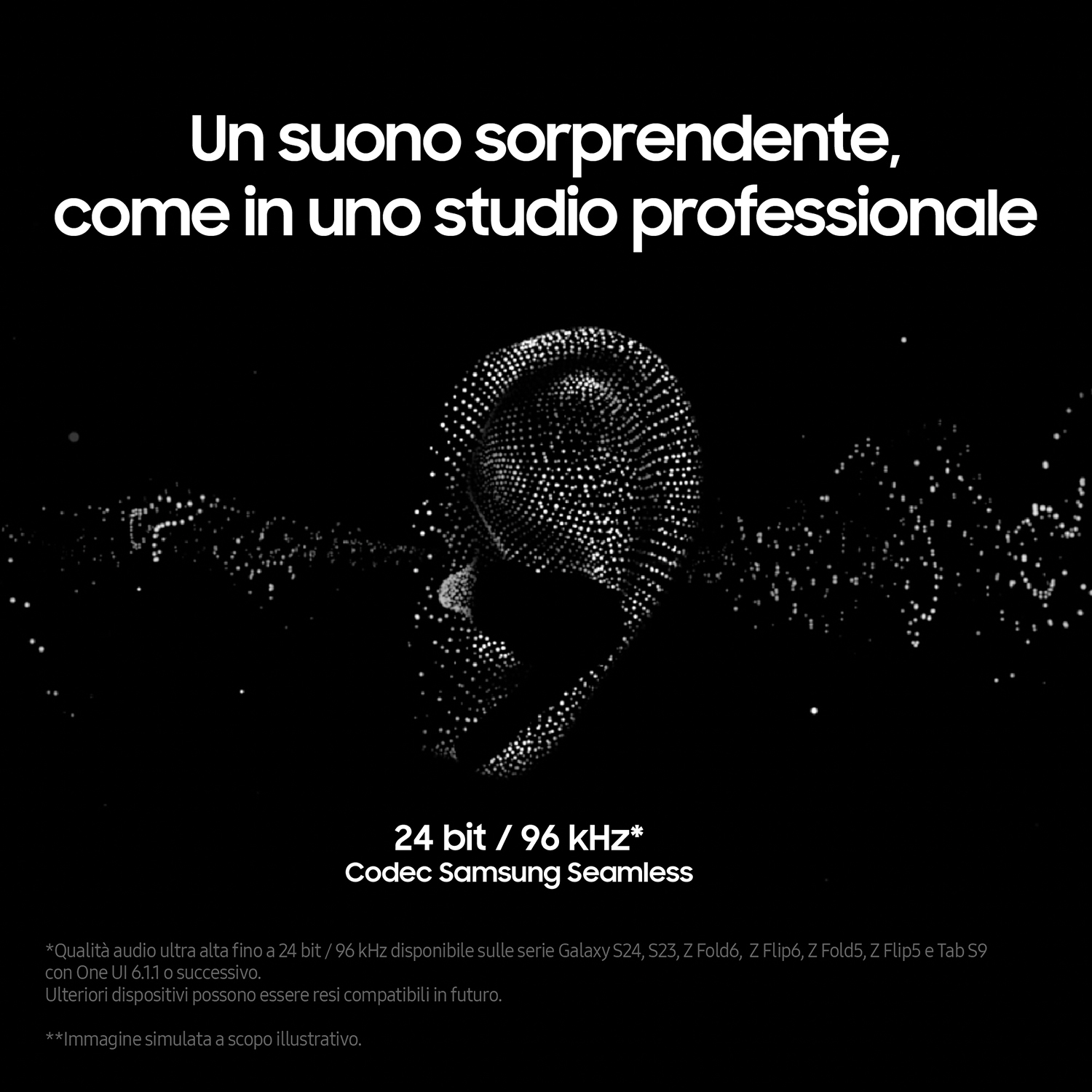 Un diagramma a forma di orecchio di onde sonore con testo sulla qualità audio a 24 bit/96 kHz.