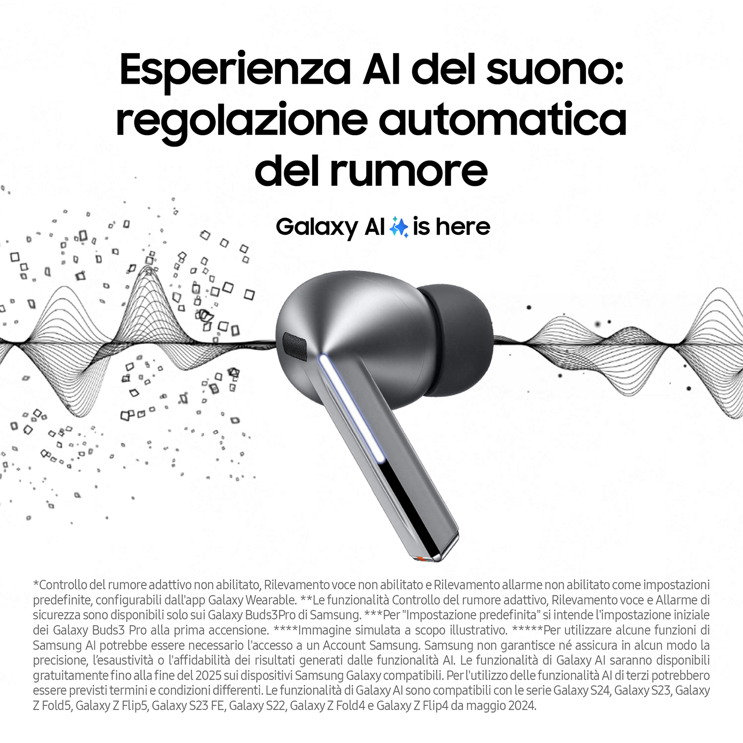 Auricolari argentati con testo e grafica a onde sonore. Gli auricolari sono davanti a uno sfondo nero.