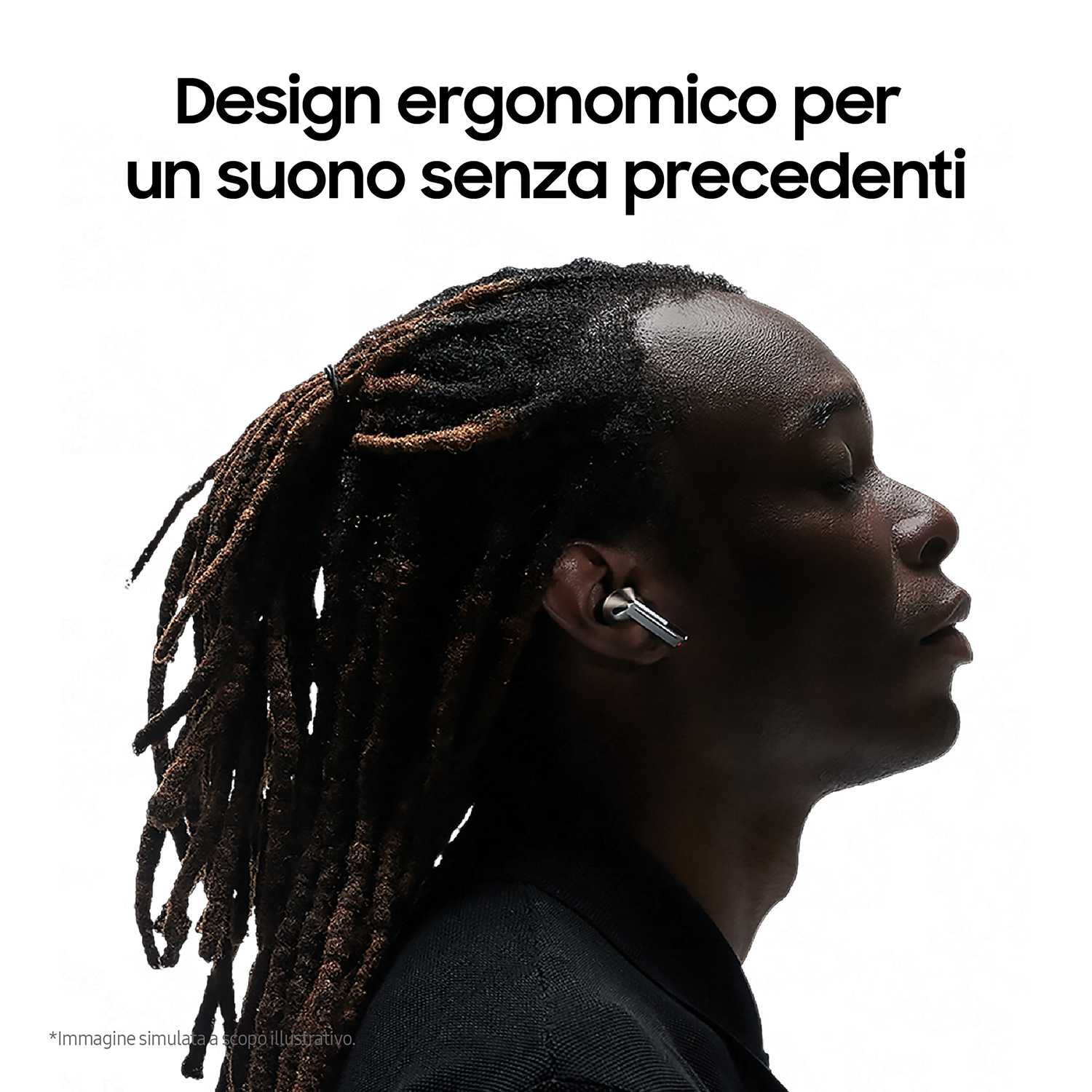 Un uomo con i dreadlock usa gli auricolari. Il testo dice: Design ergonomico per un suono senza precedenti.