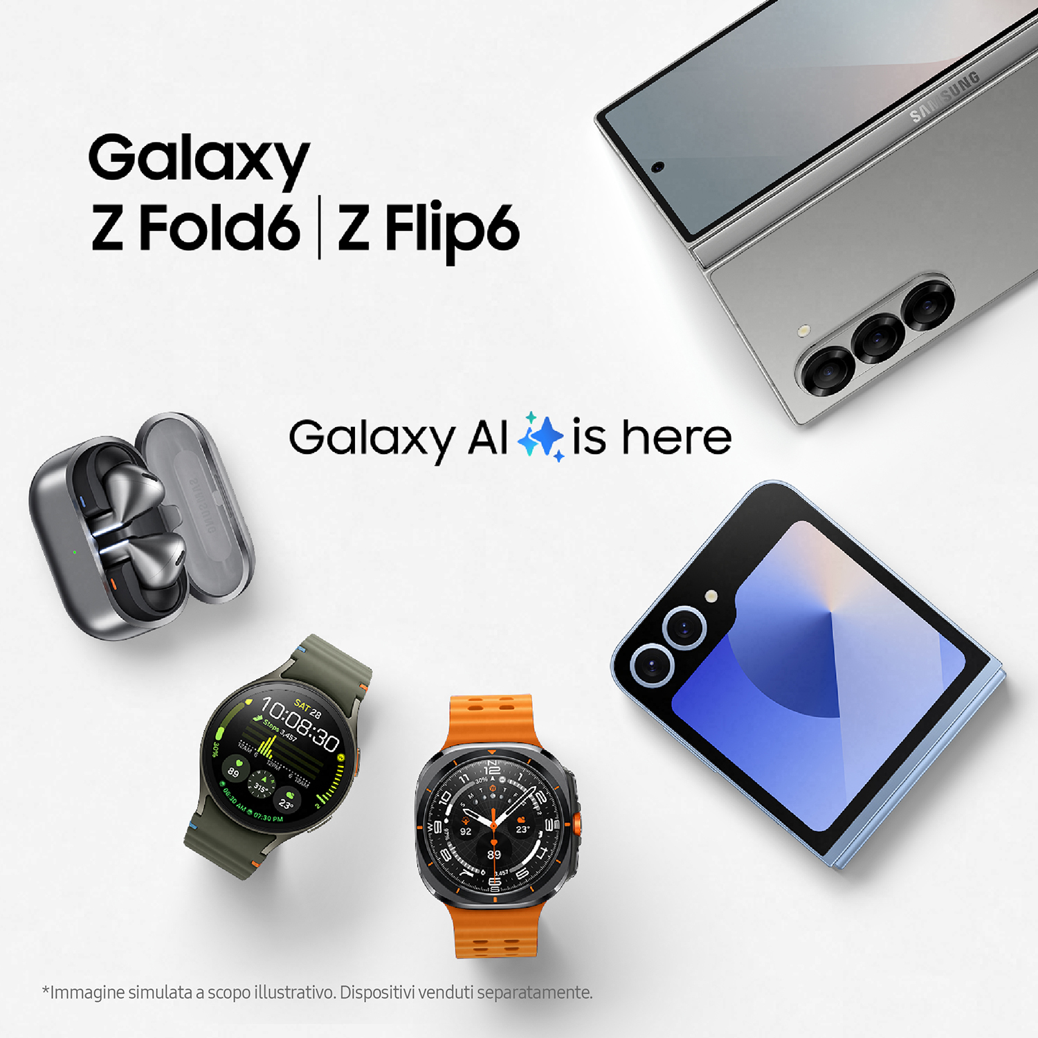 Immagine promozionale con telefono, orologio e auricolari su superficie bianca. Testo: 'Galaxy AI is here'.