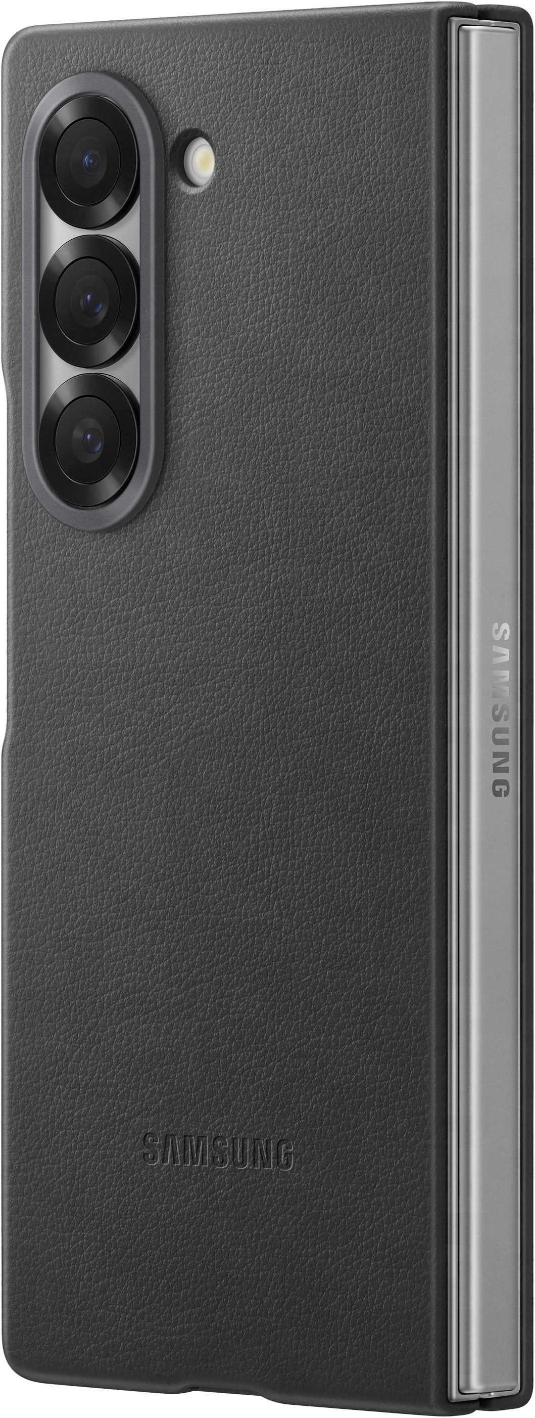 Egy fekete telefontok bőr textúrával, egy Samsung Galaxy Foldhoz.