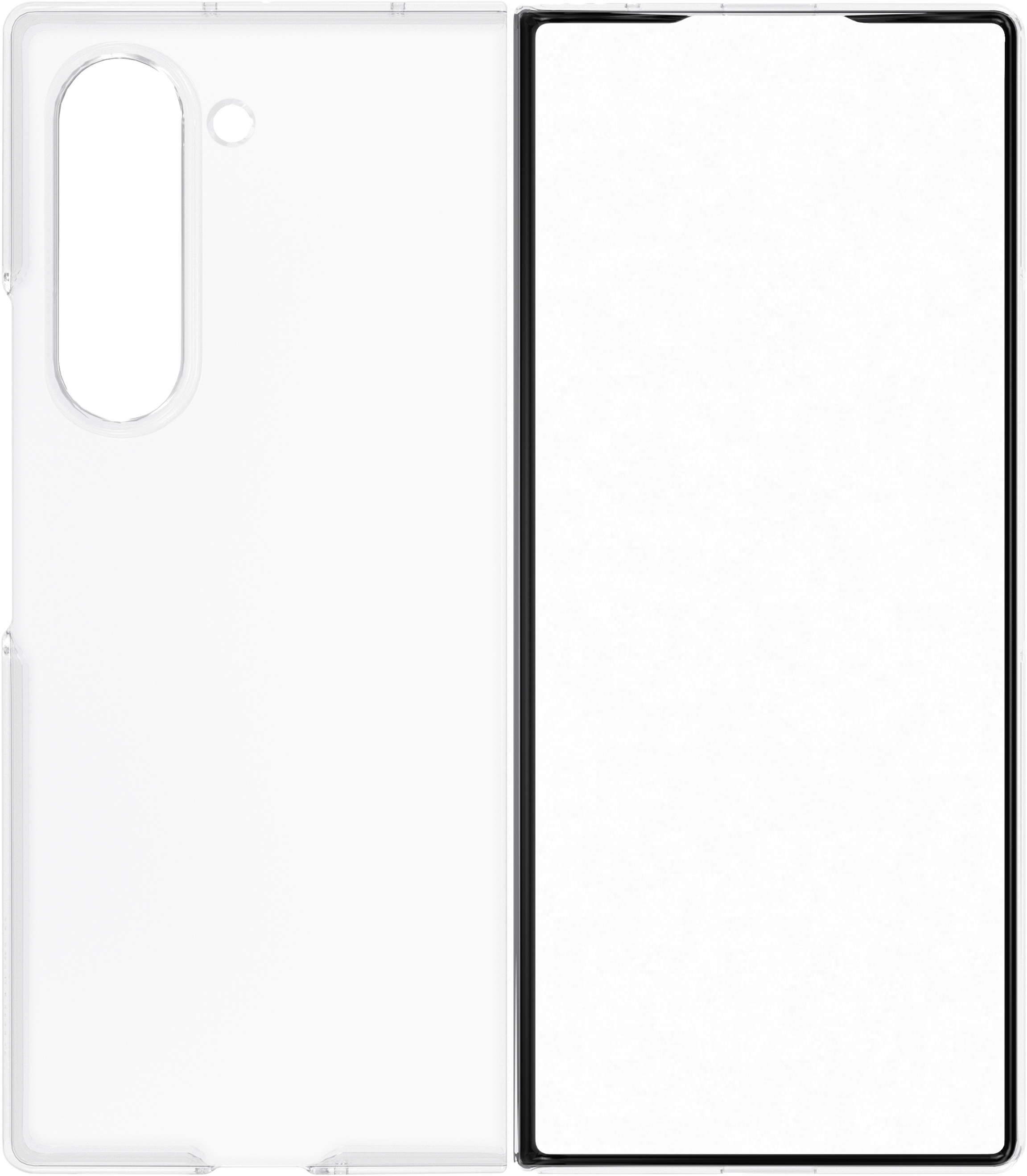 Átlátszó tok összecsukható telefonhoz, nyitva, a belsejét mutatva.