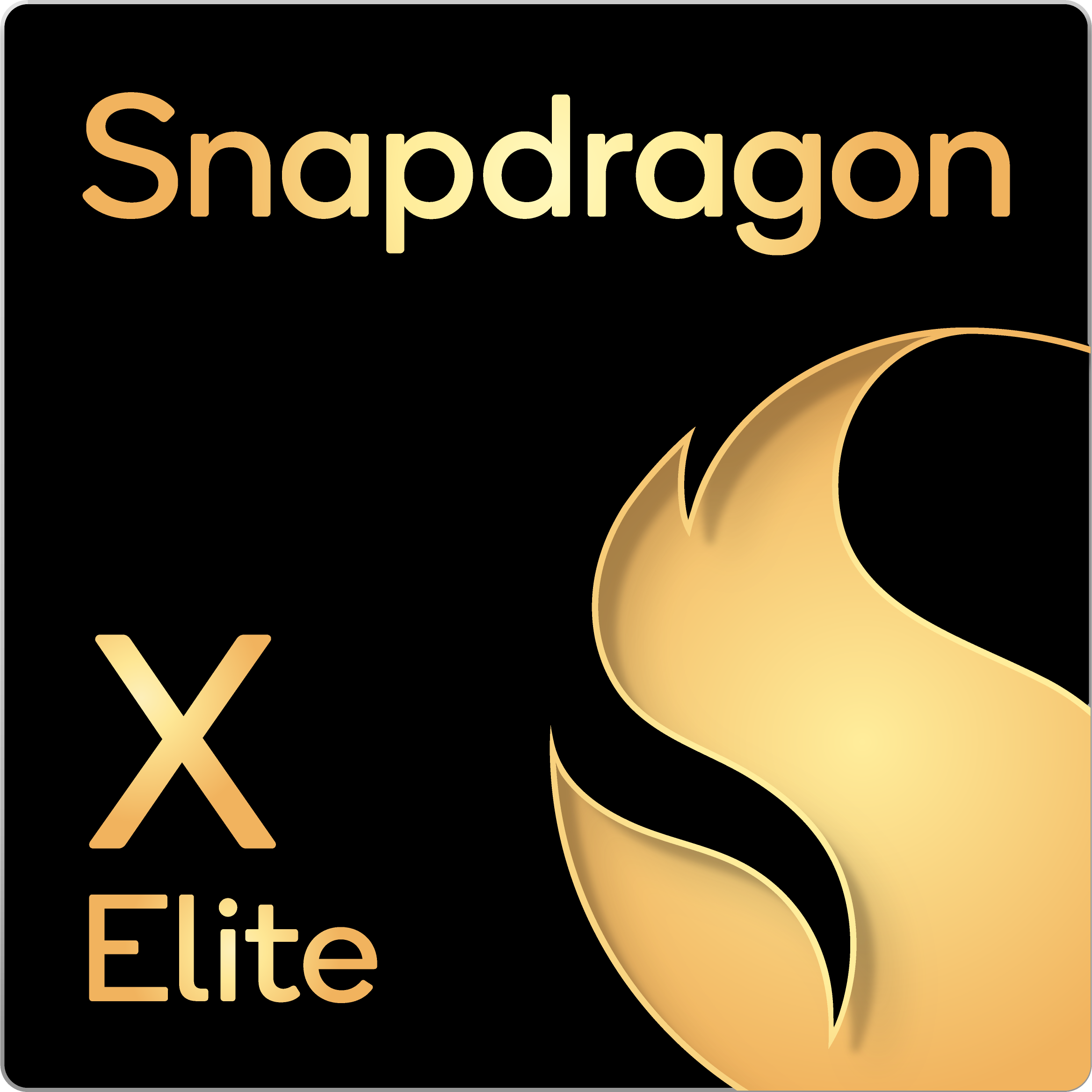 Le logo Snapdragon X Elite sur fond noir avec un accent doré.