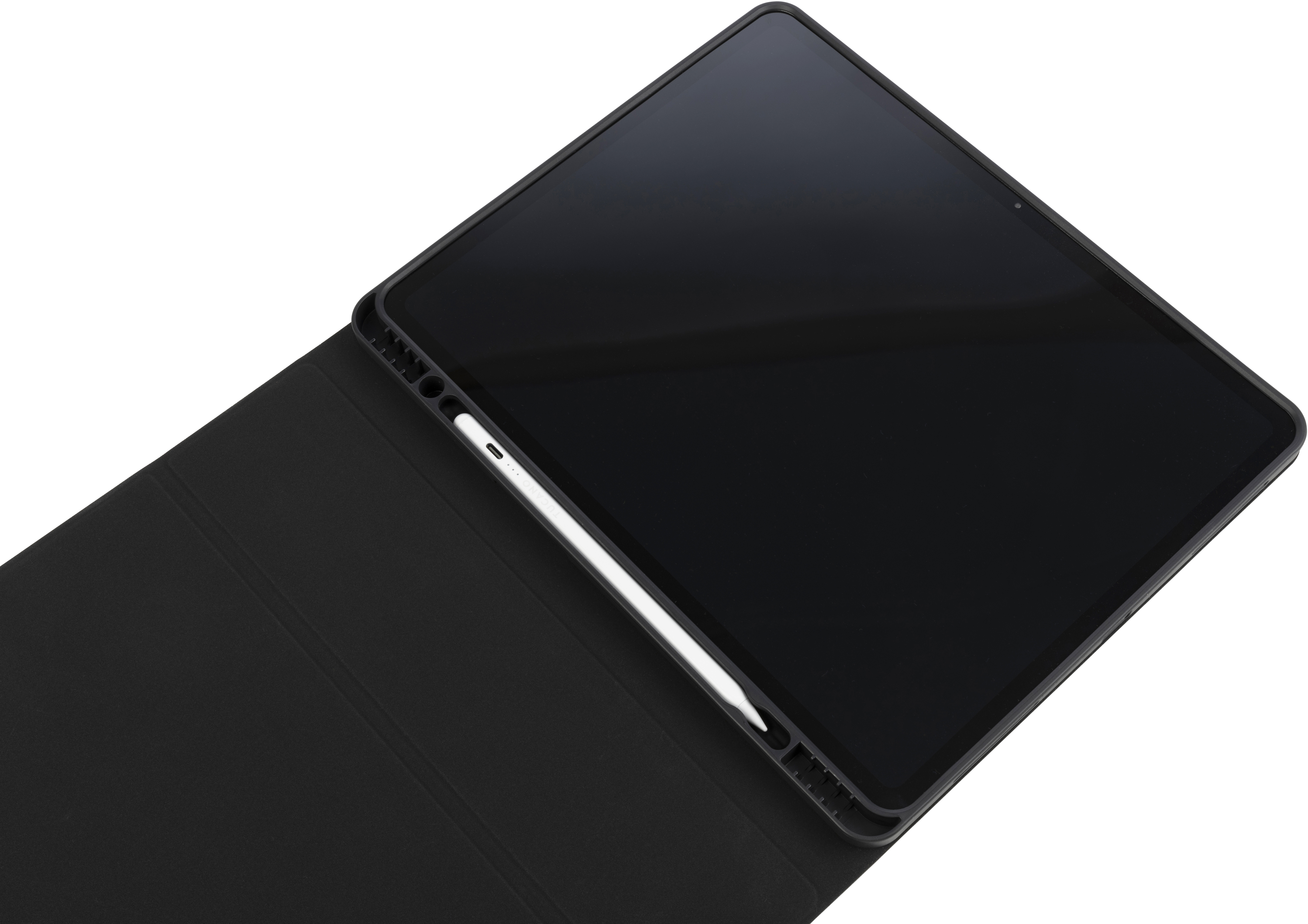 Schwarzes Tablet in schwarzem Gehäuse, mit weißem Stift rechts eingesetzt.