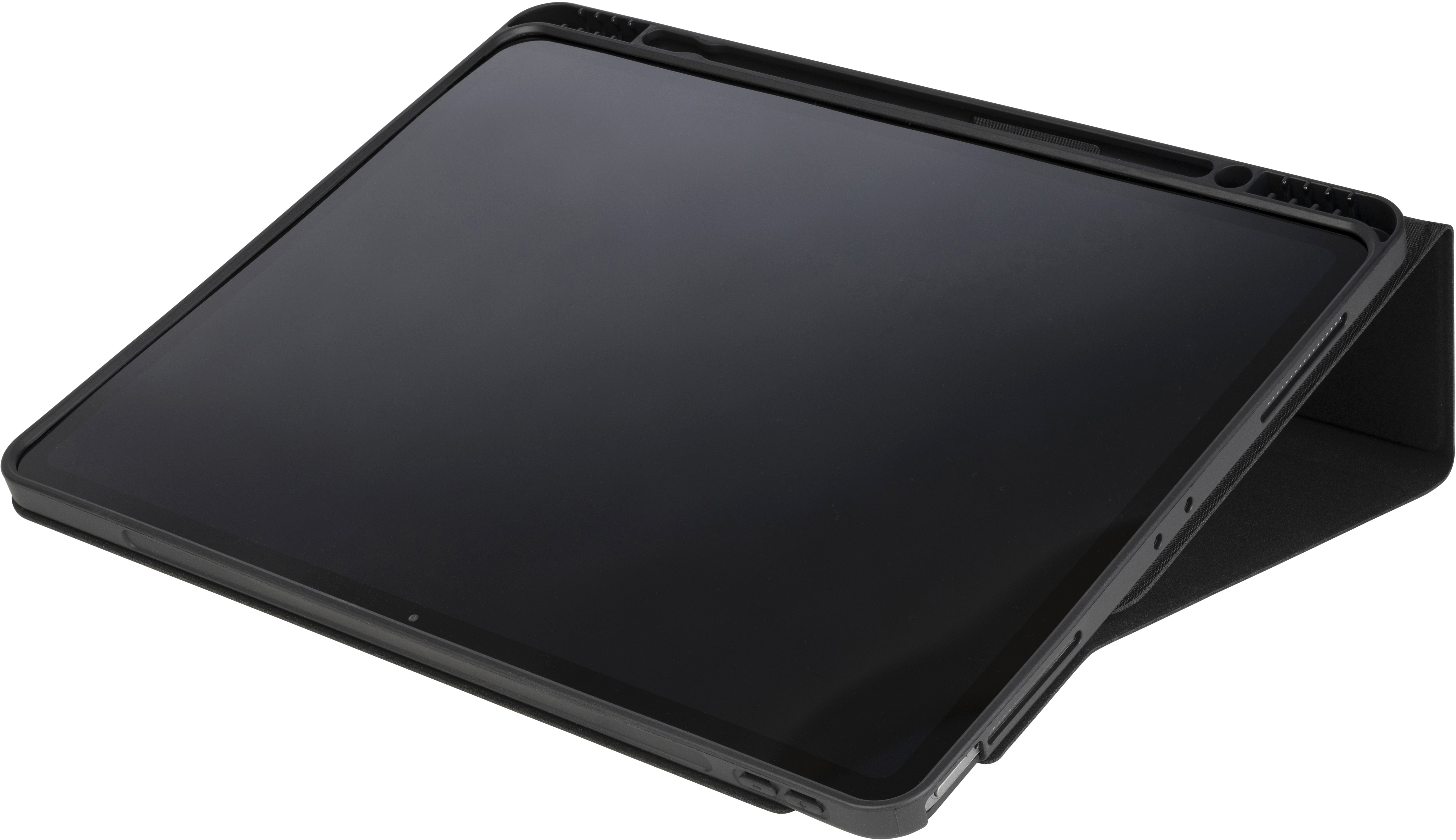 Schwarzes Tablet im Case, schräge Ansicht, Bildschirm sichtbar, Case offen.