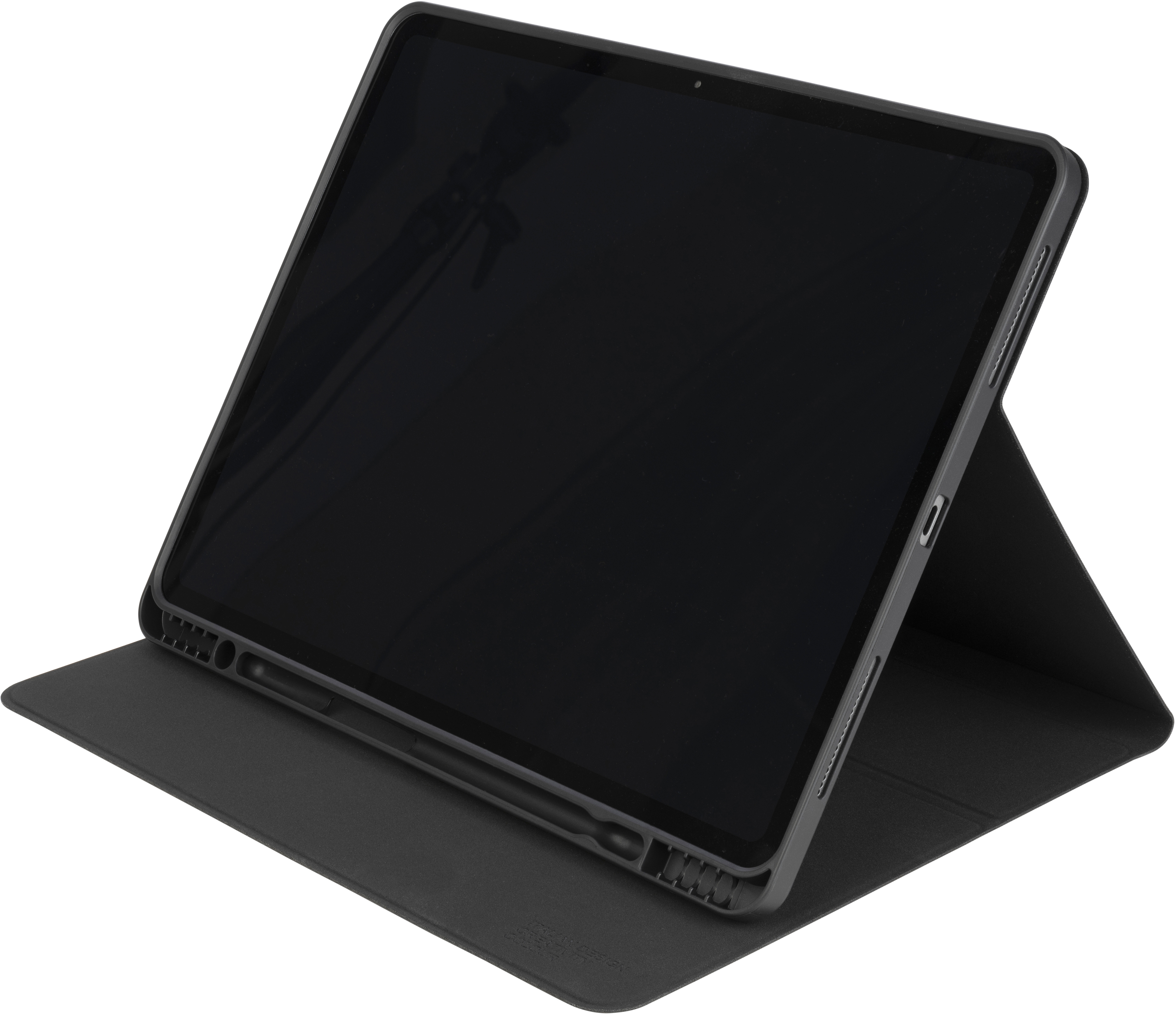 Ein graues Tablet in einer dunkelgrauen Hülle auf einer hellen Oberfläche, zeigt Bildschirm- und Hüllendetails.
