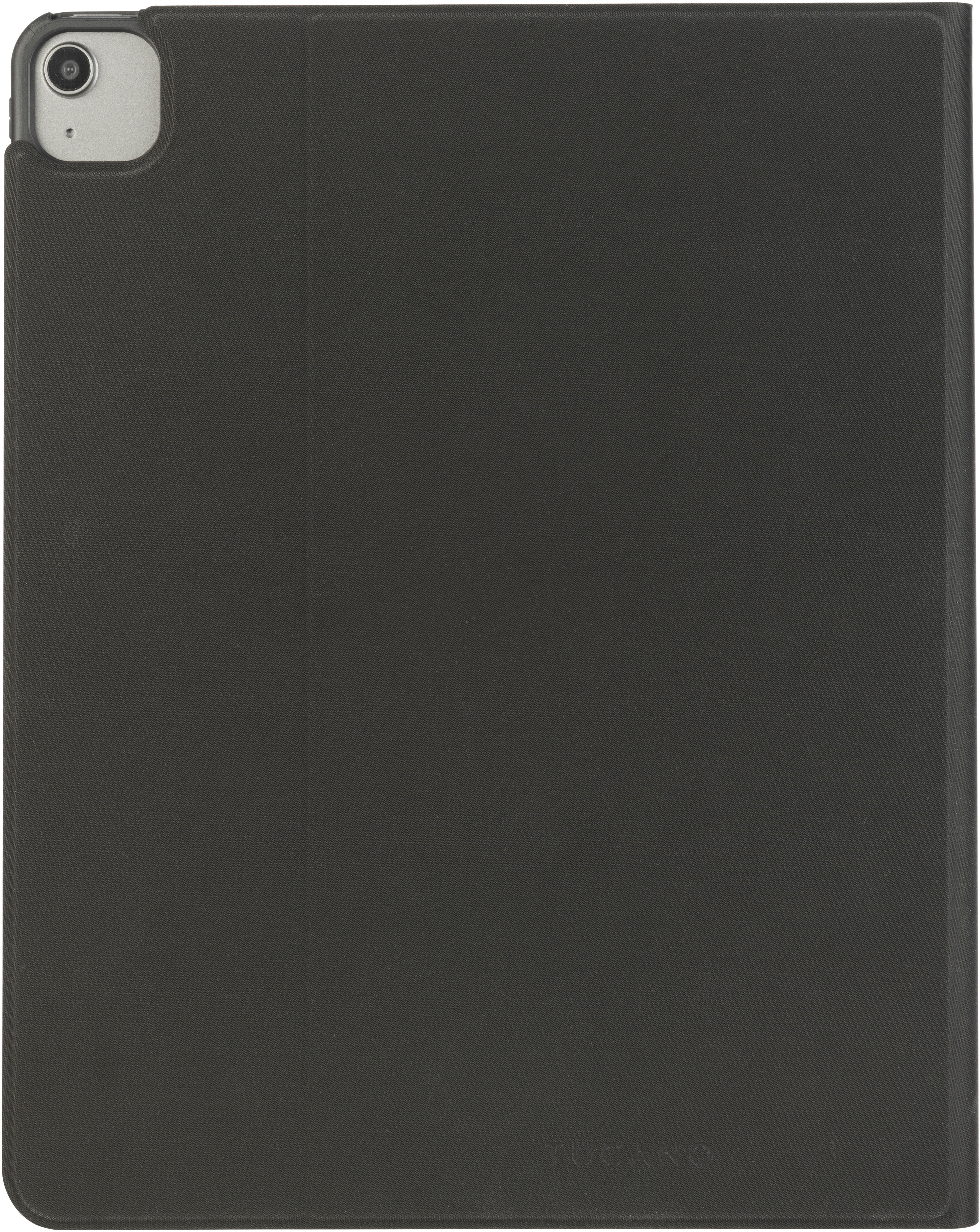 Ein schwarzes iPad mit Hülle auf weißem Hintergrund. Die Hülle hat eine Stoffstruktur.