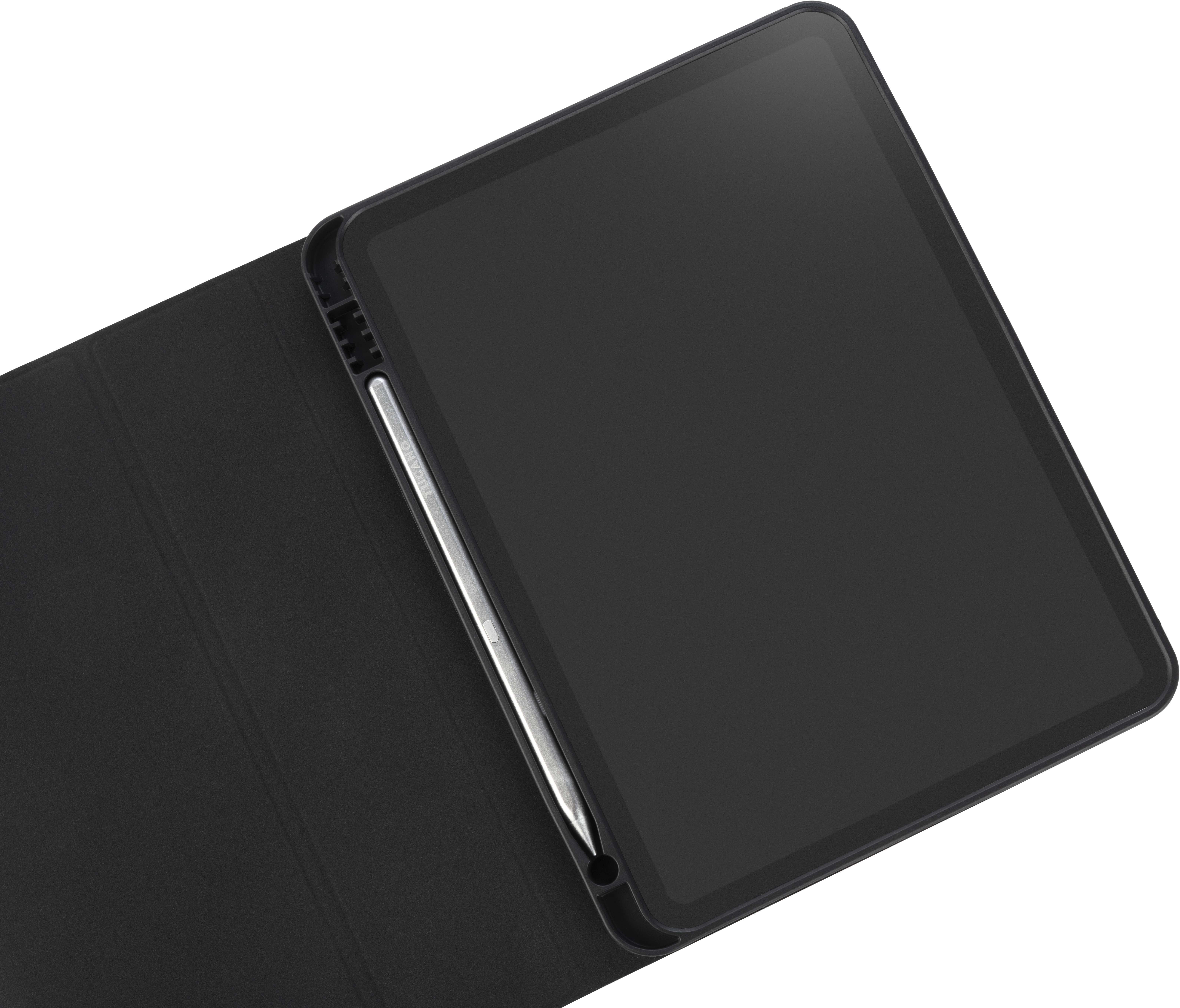 Schwarzes Tablet mit schwarzem Gehäuse, zur Seite geöffnet, und einem silbernen Stift.