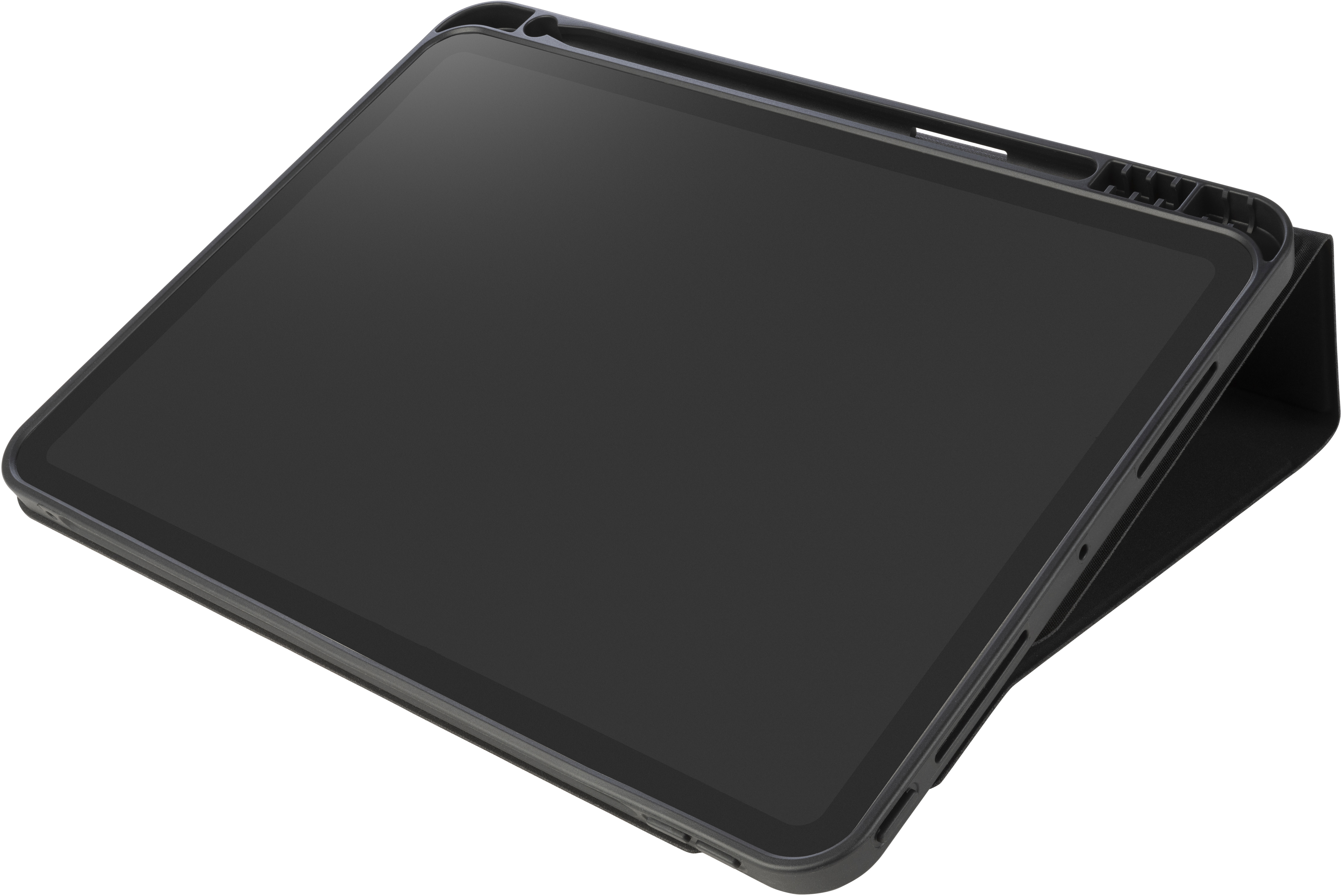 Schwarzes Tablet in einem Gehäuse. Das Gehäuse ist geöffnet, der Bildschirm zeigt eine schwarze Anzeige.