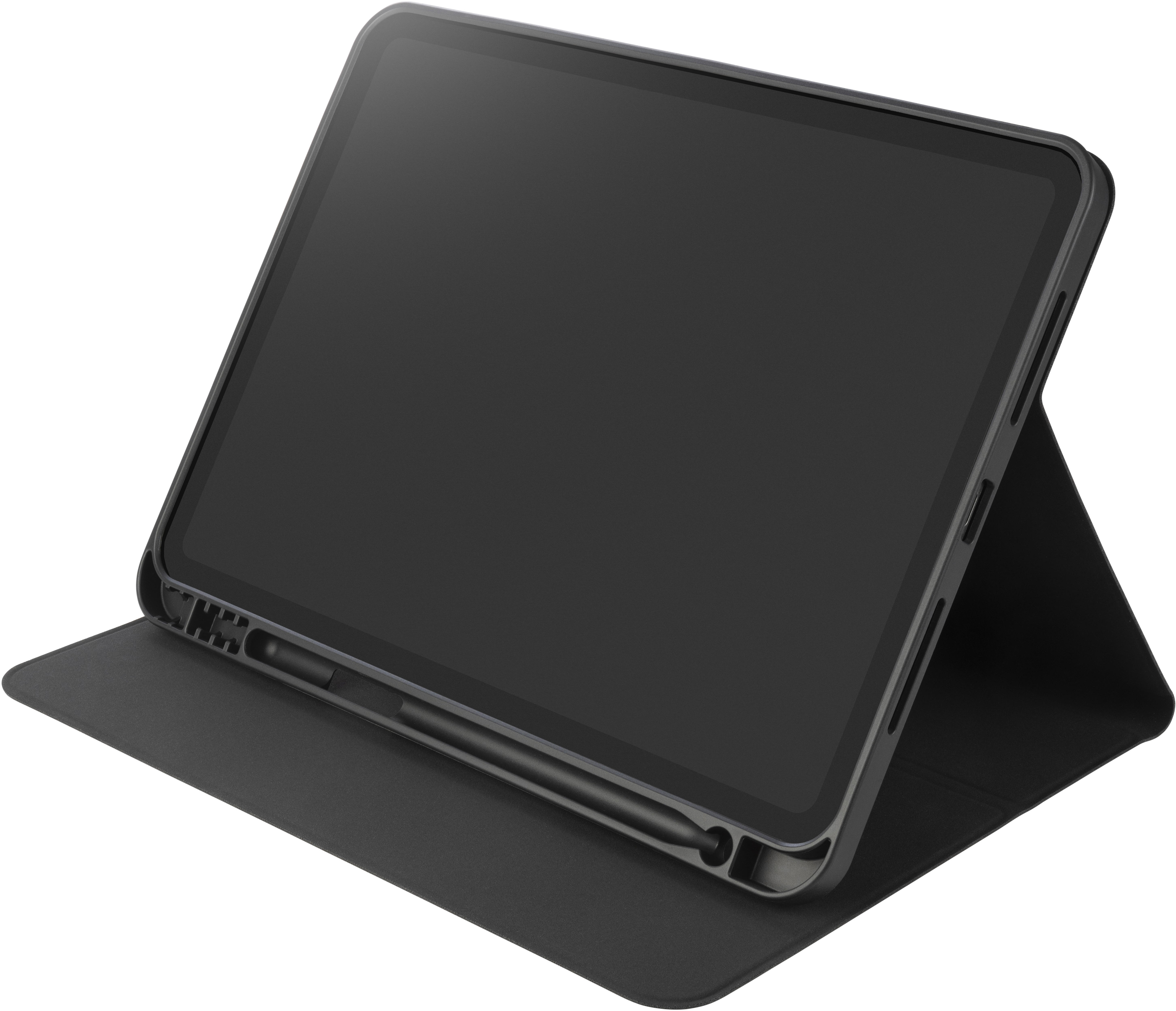 Ein schwarzes Tablet in einer schwarzen Hülle, aufgestellt, mit einem Stift befestigt.