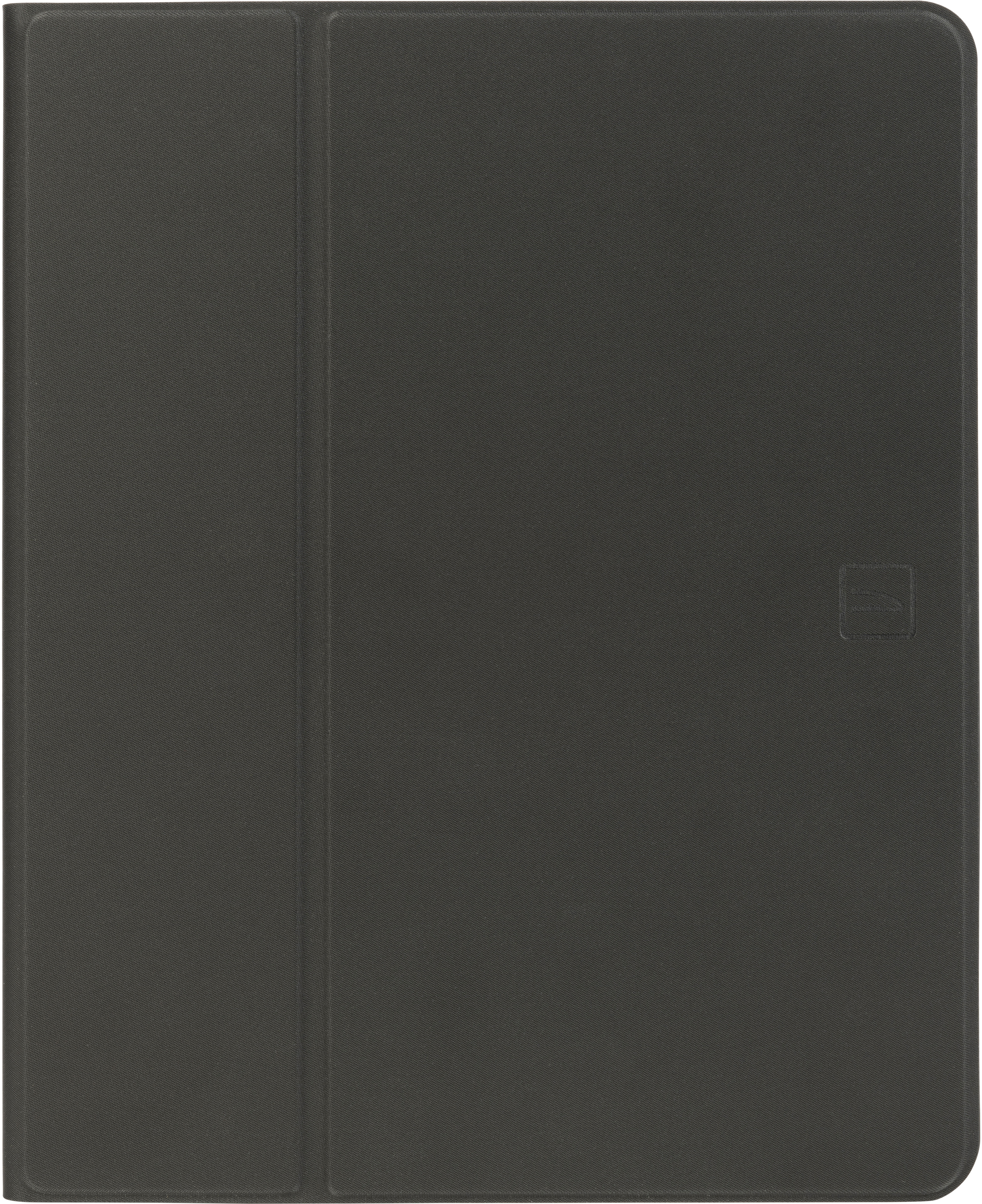 Dunkelgraue Tablet-Hülle, geschlossen, mit kleinem Logo rechts.