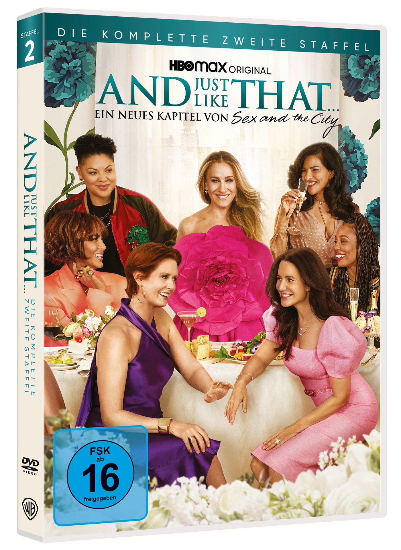 DVD-Hülle mit mehreren Personen, einer rosa Blume, einem blauen FSK16-Aufkleber und dem Titel 'And Just Like That'.