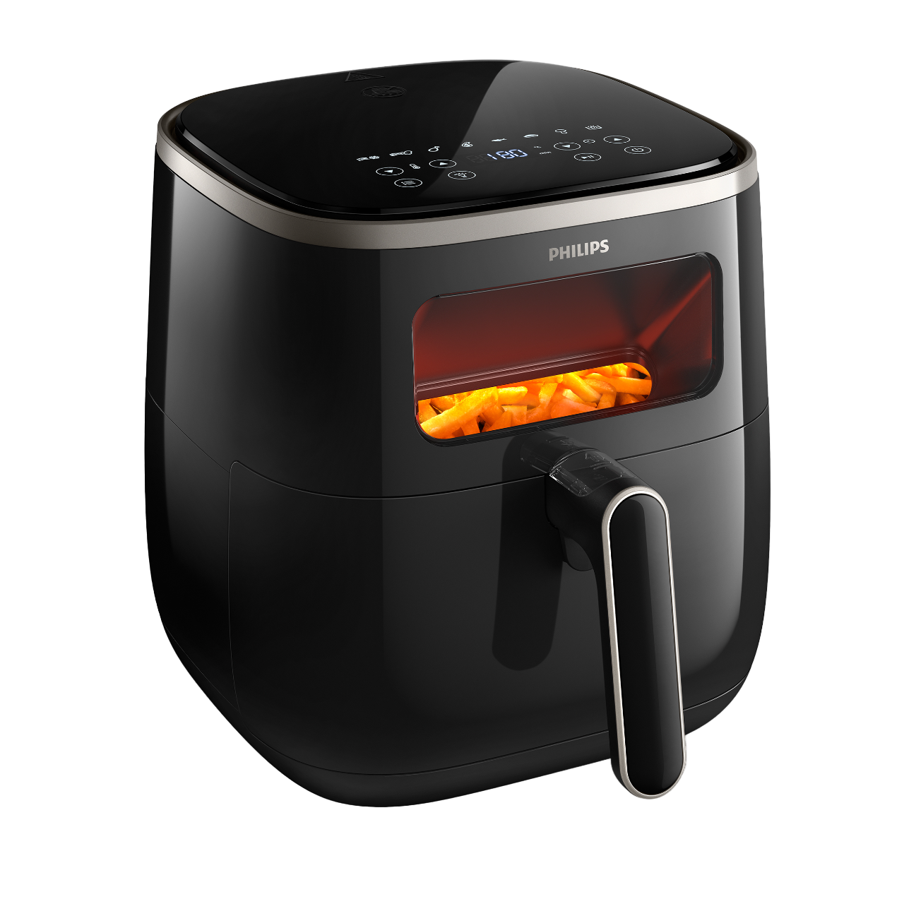 Schwarze Philips Airfryer mit sichtbarem Essen. Bedienelemente oben.