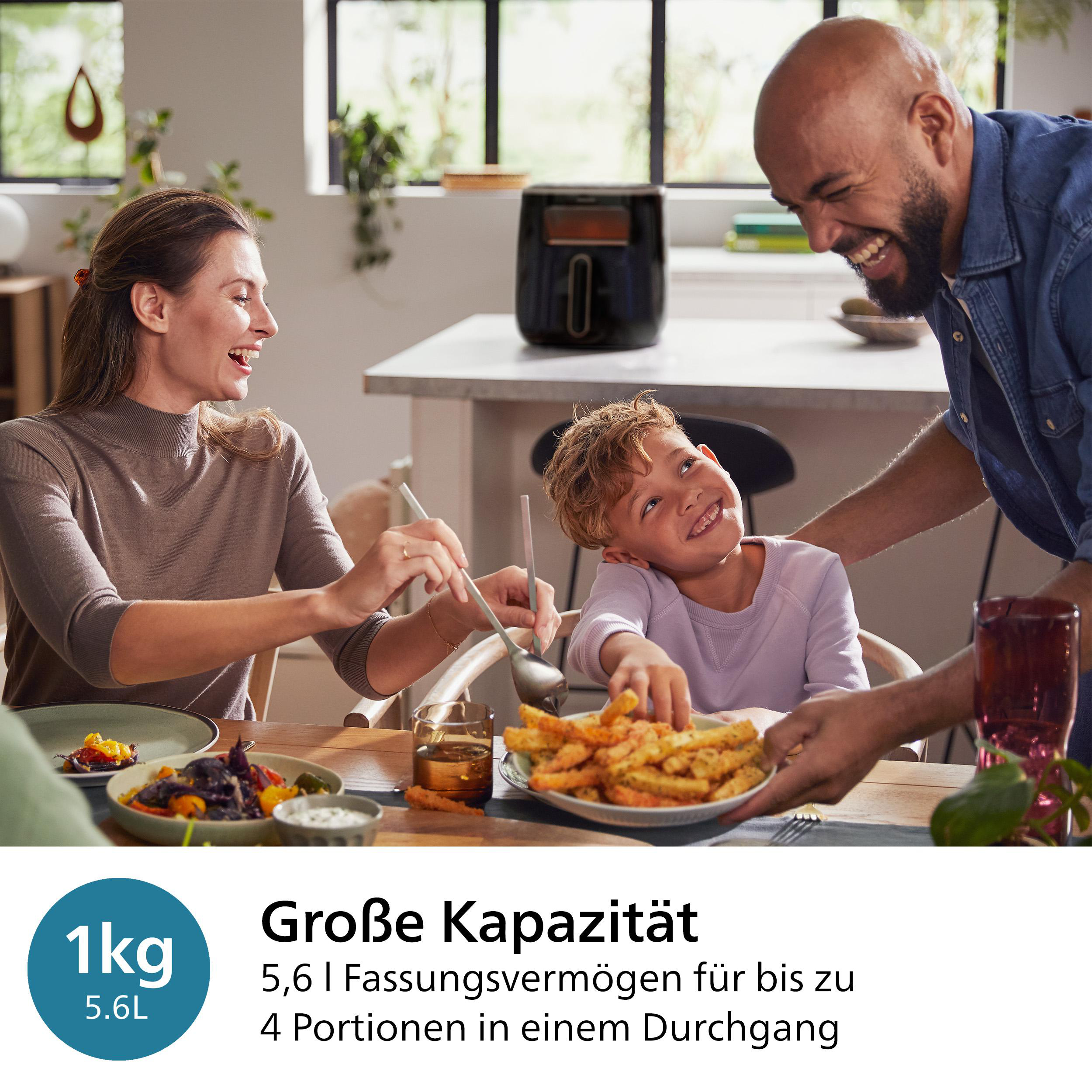Familie am Tisch beim Essen. Eine Person serviert Pommes. Eine schwarze Heißluftfritteuse steht auf dem Tisch.