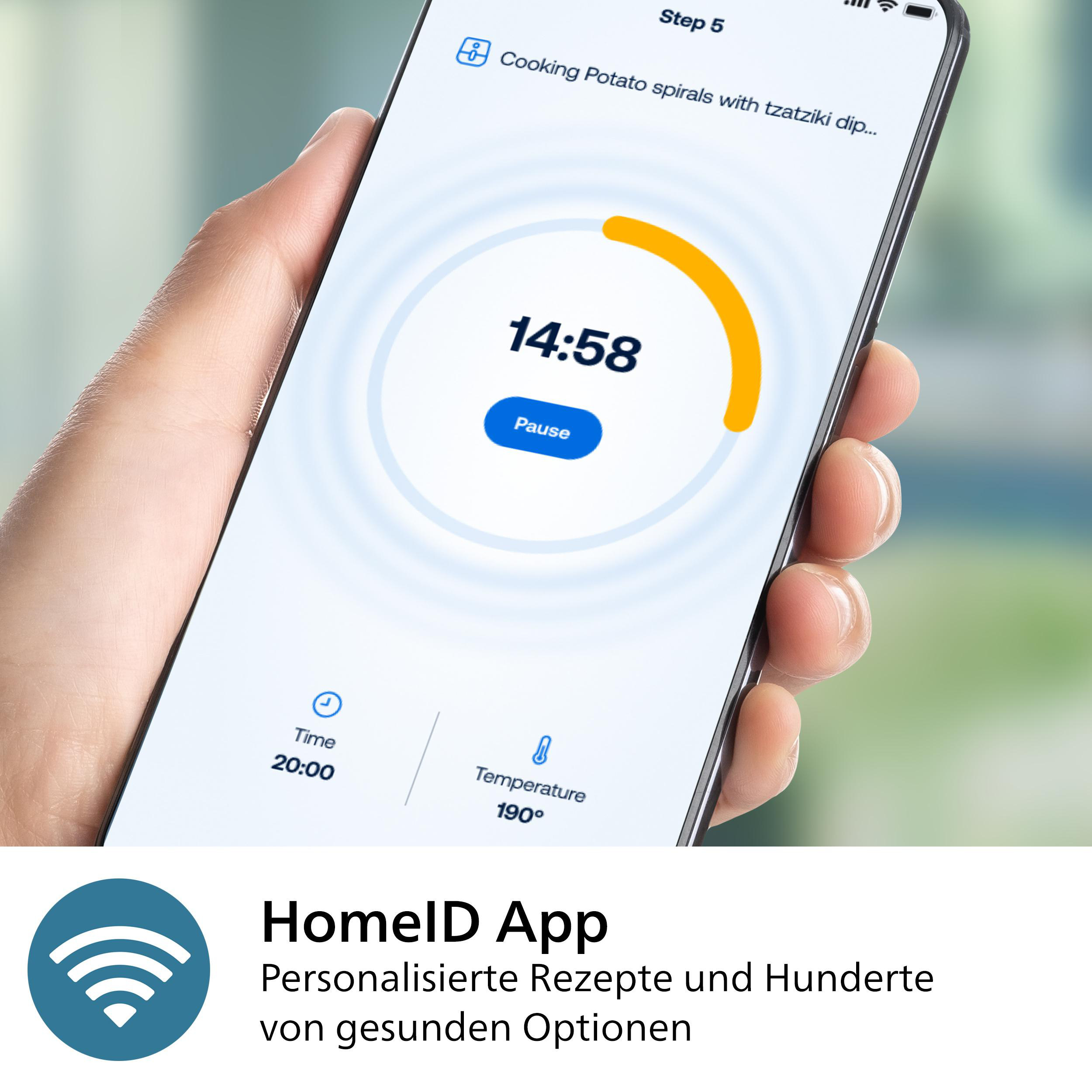 Ein Telefon mit einer App, die einen Kochtimer und Temperatureinstellungen zeigt, in einer Hand.